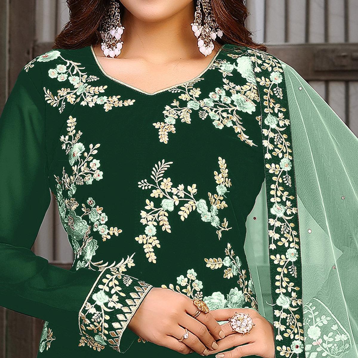 Green Partywear Embroidered Faux Georgette Salwar Suit - Peachmode