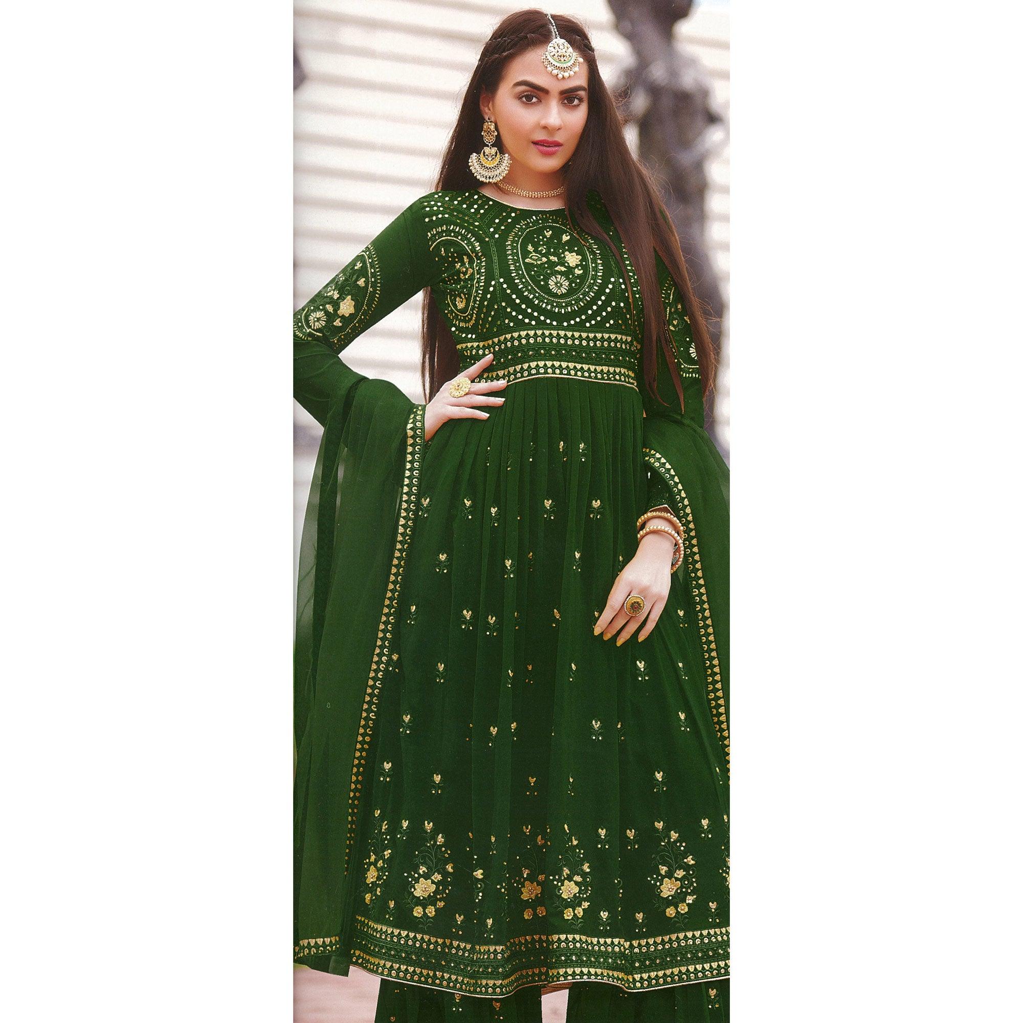 Green Partywear Embroidered Faux Georgette Salwar Suit - Peachmode
