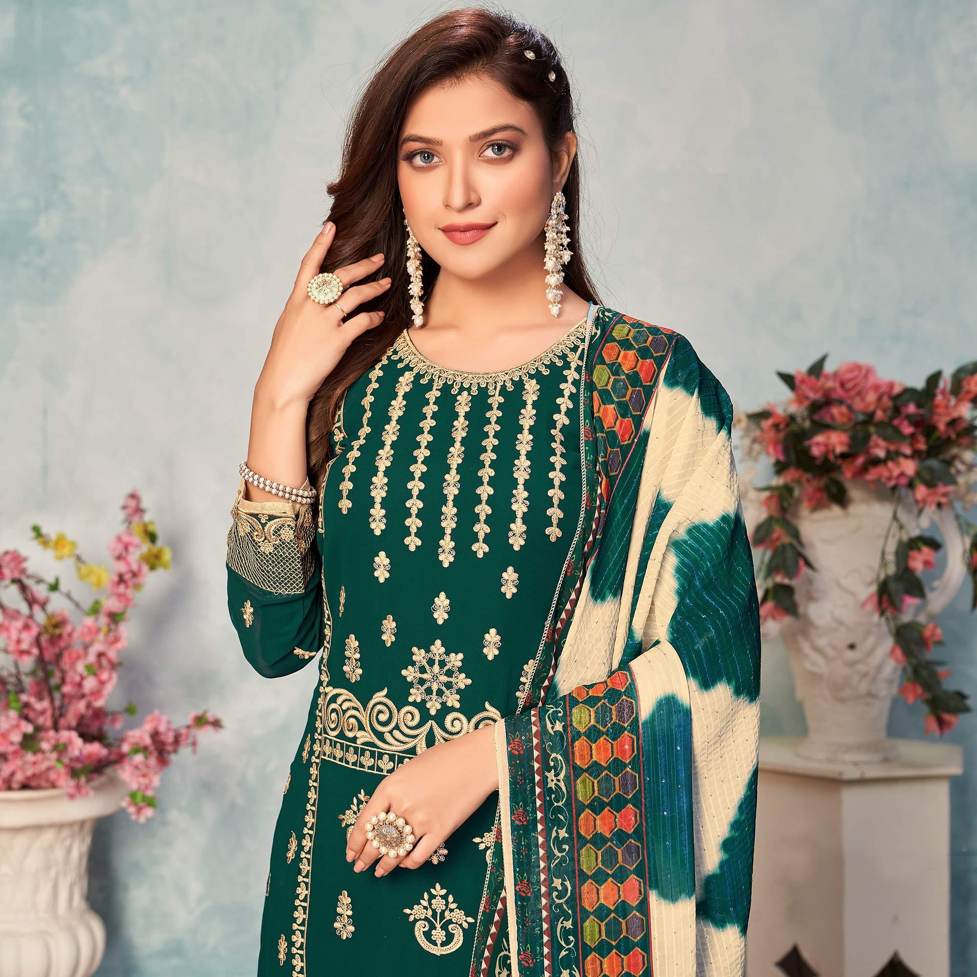 Green Partywear Embroidered Faux Georgette Salwar Suit - Peachmode