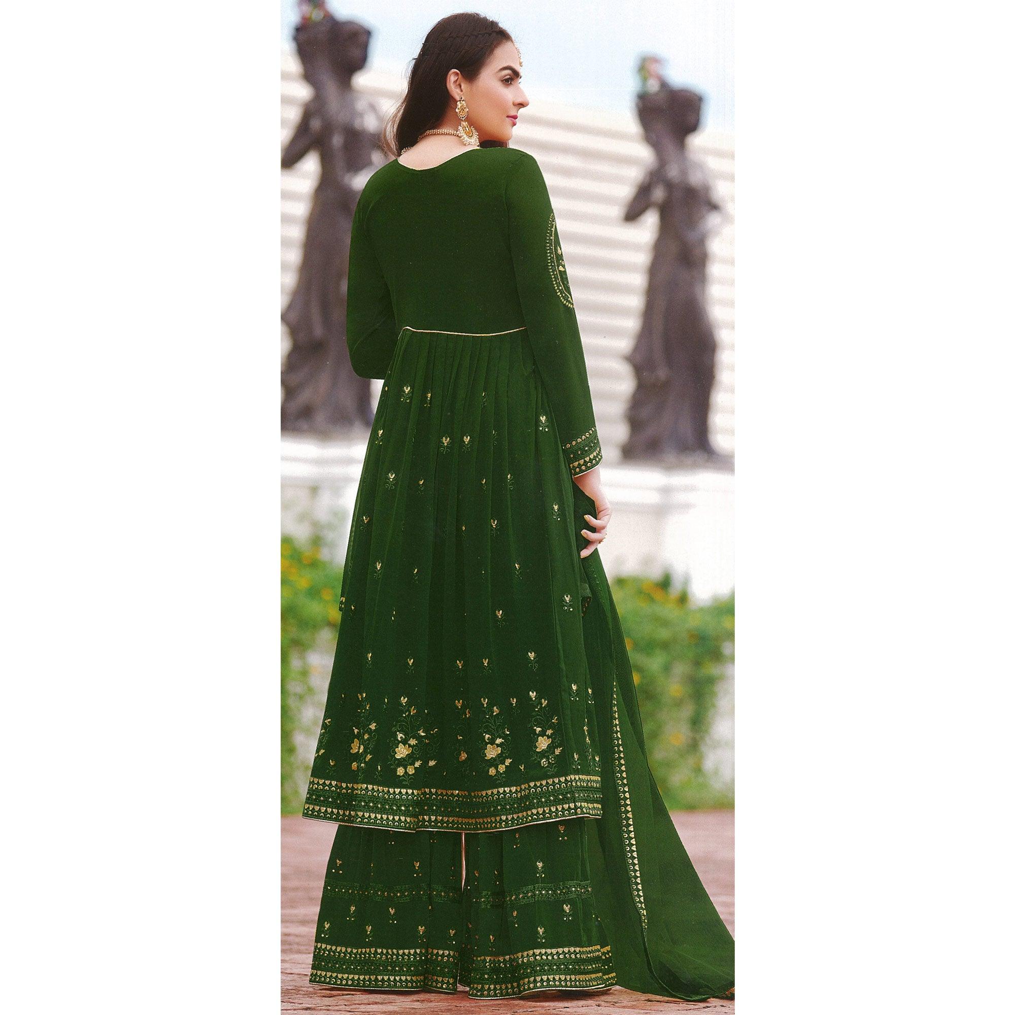Green Partywear Embroidered Faux Georgette Salwar Suit - Peachmode