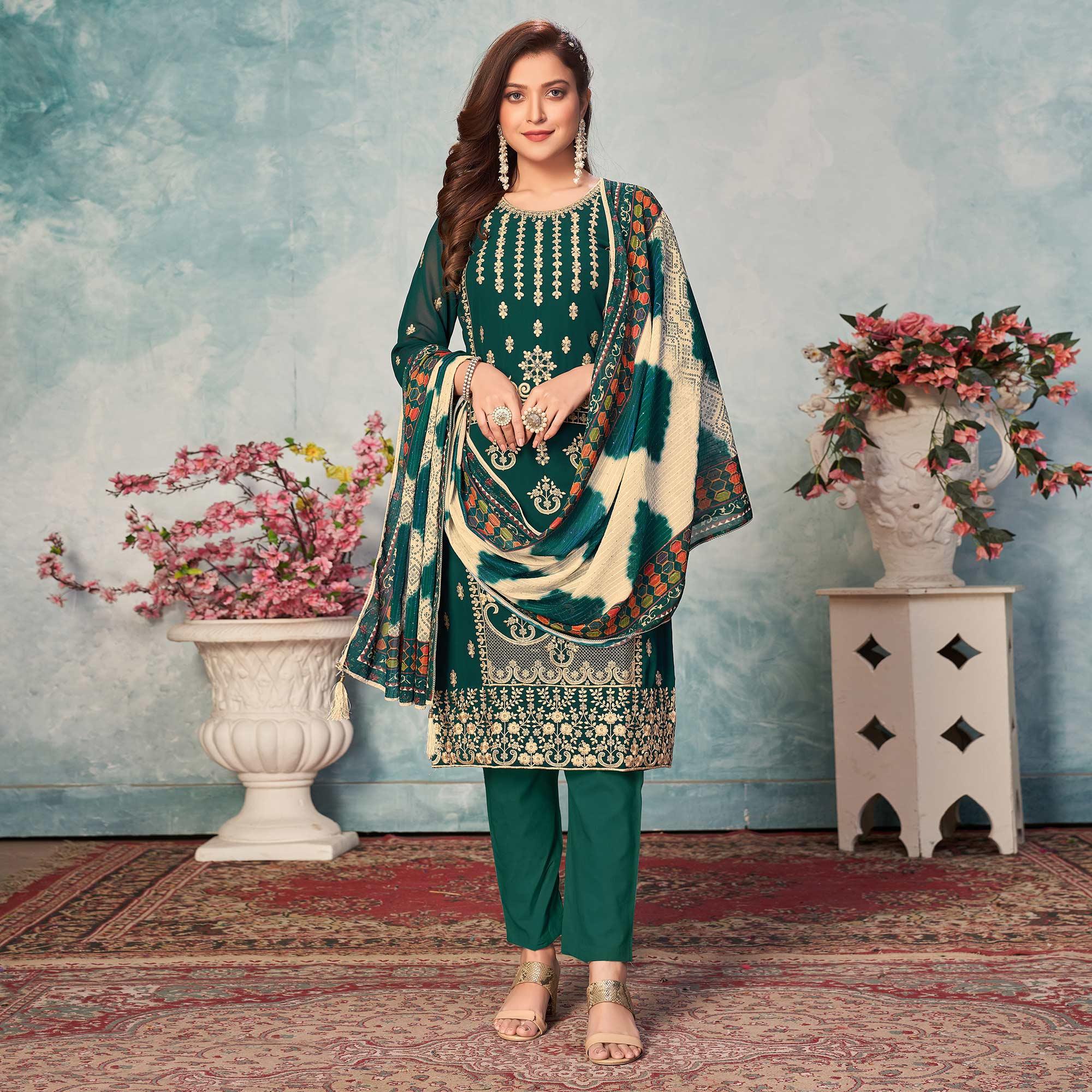 Green Partywear Embroidered Faux Georgette Salwar Suit - Peachmode