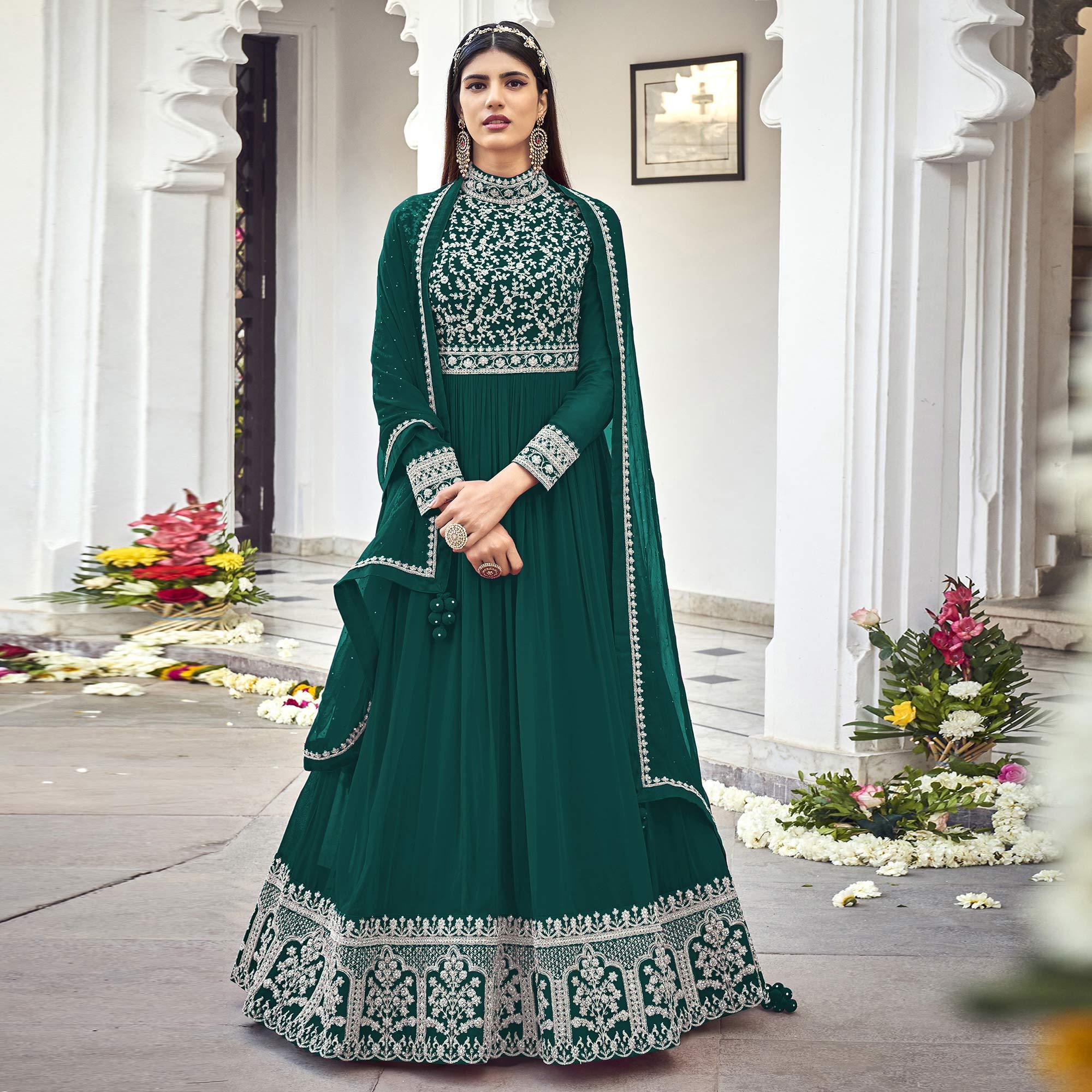 Green Partywear Embroidered Georgette Anarkali Suit - Peachmode