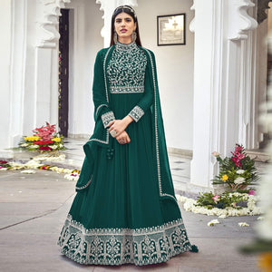 Green Partywear Embroidered Georgette Anarkali Suit - Peachmode