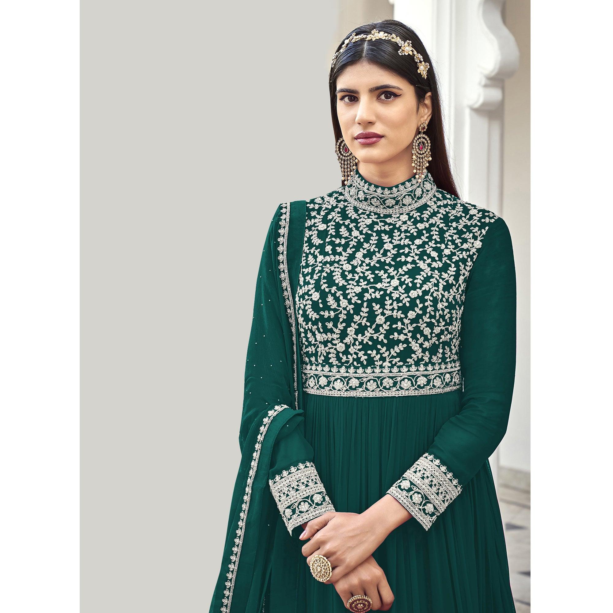 Green Partywear Embroidered Georgette Anarkali Suit - Peachmode