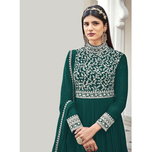 Green Partywear Embroidered Georgette Anarkali Suit - Peachmode