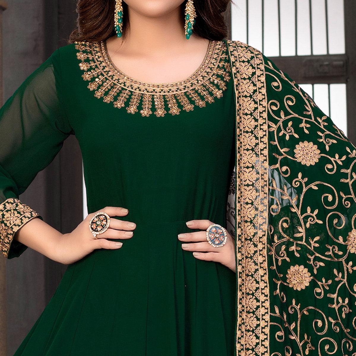 Green Partywear Straight cut Style Embroidery and Moti Work faux Georgette  Salwar Suit