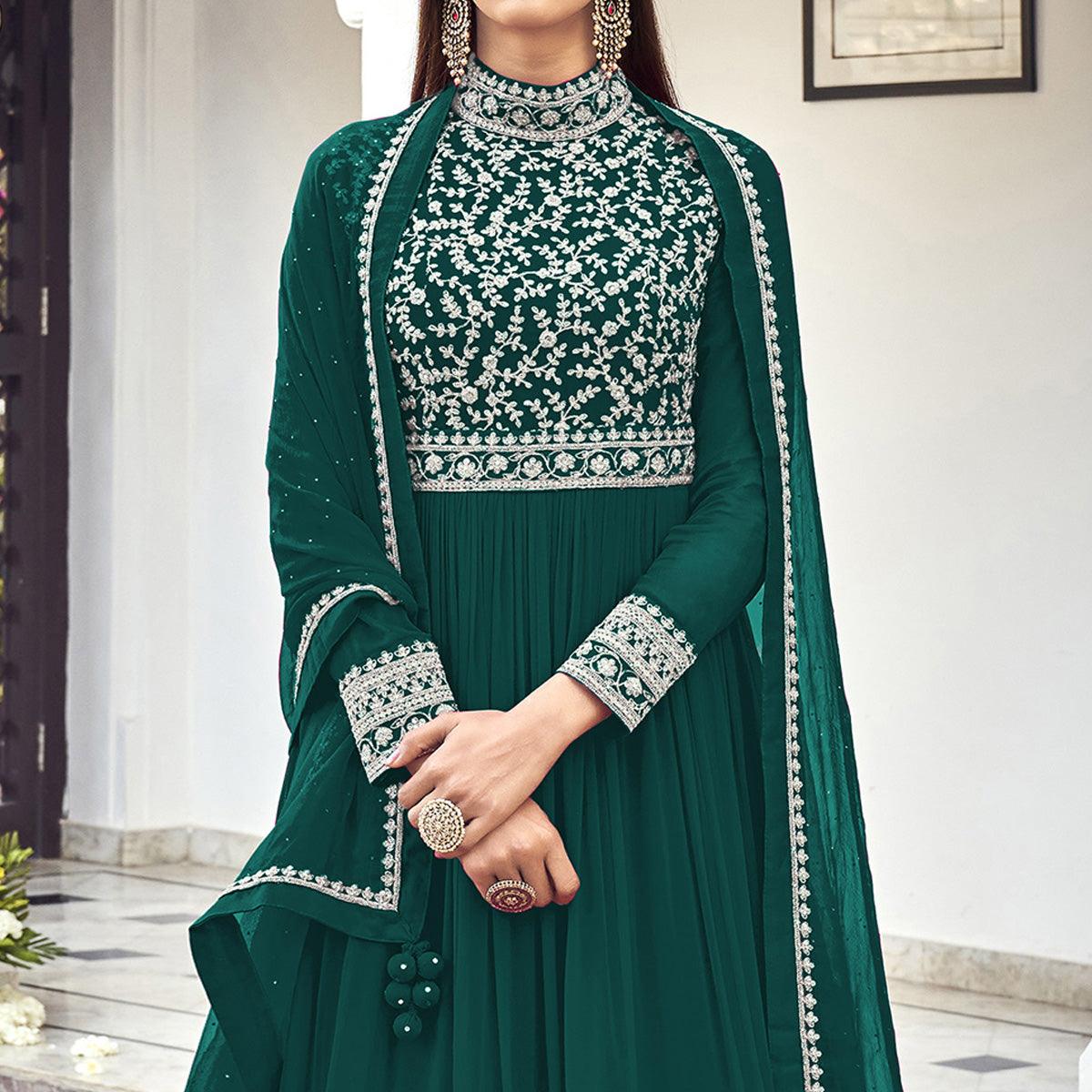 Green Partywear Embroidered Georgette Anarkali Suit - Peachmode