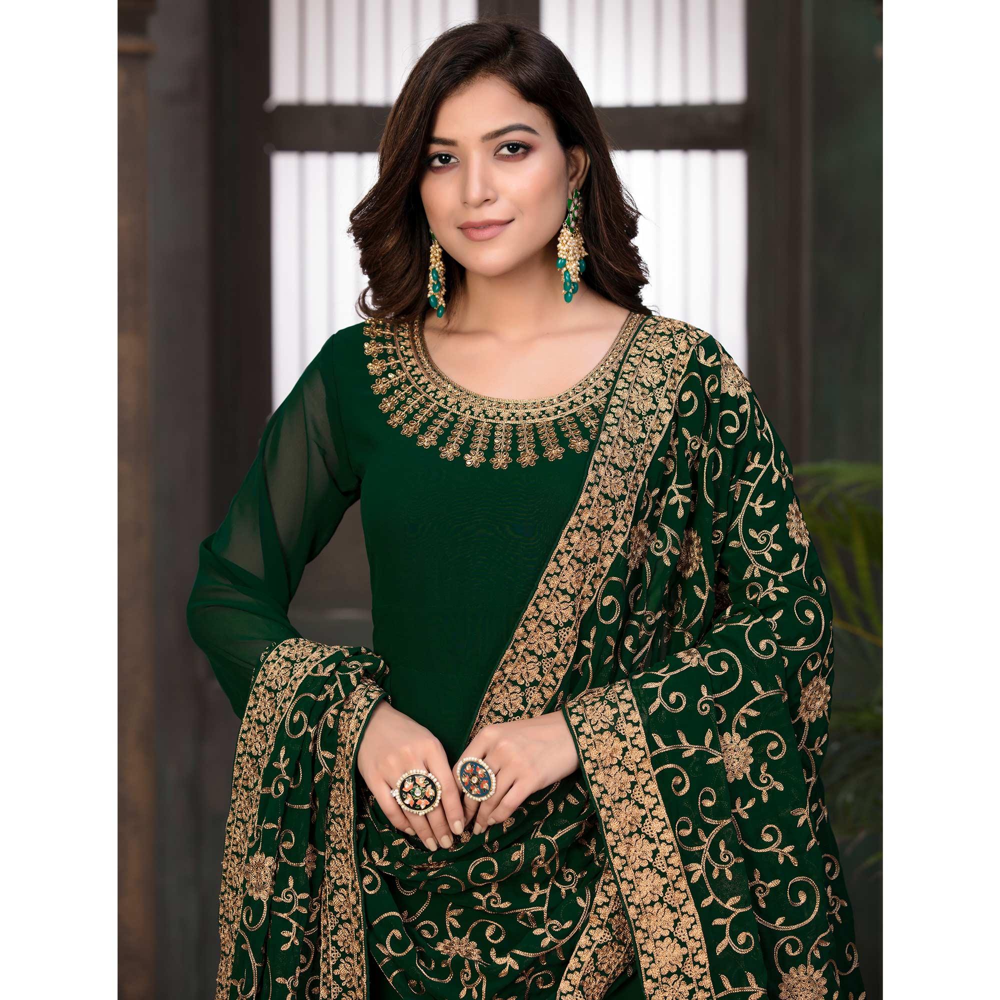 Green Partywear Embroidered Georgette Anarkali Suit - Peachmode