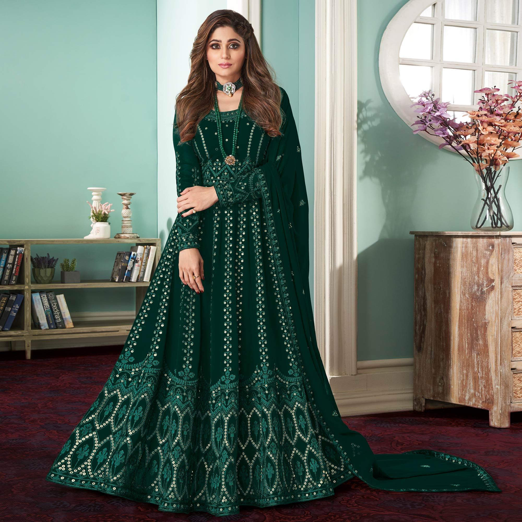 Green Partywear Embroidered Georgette Gown - Peachmode