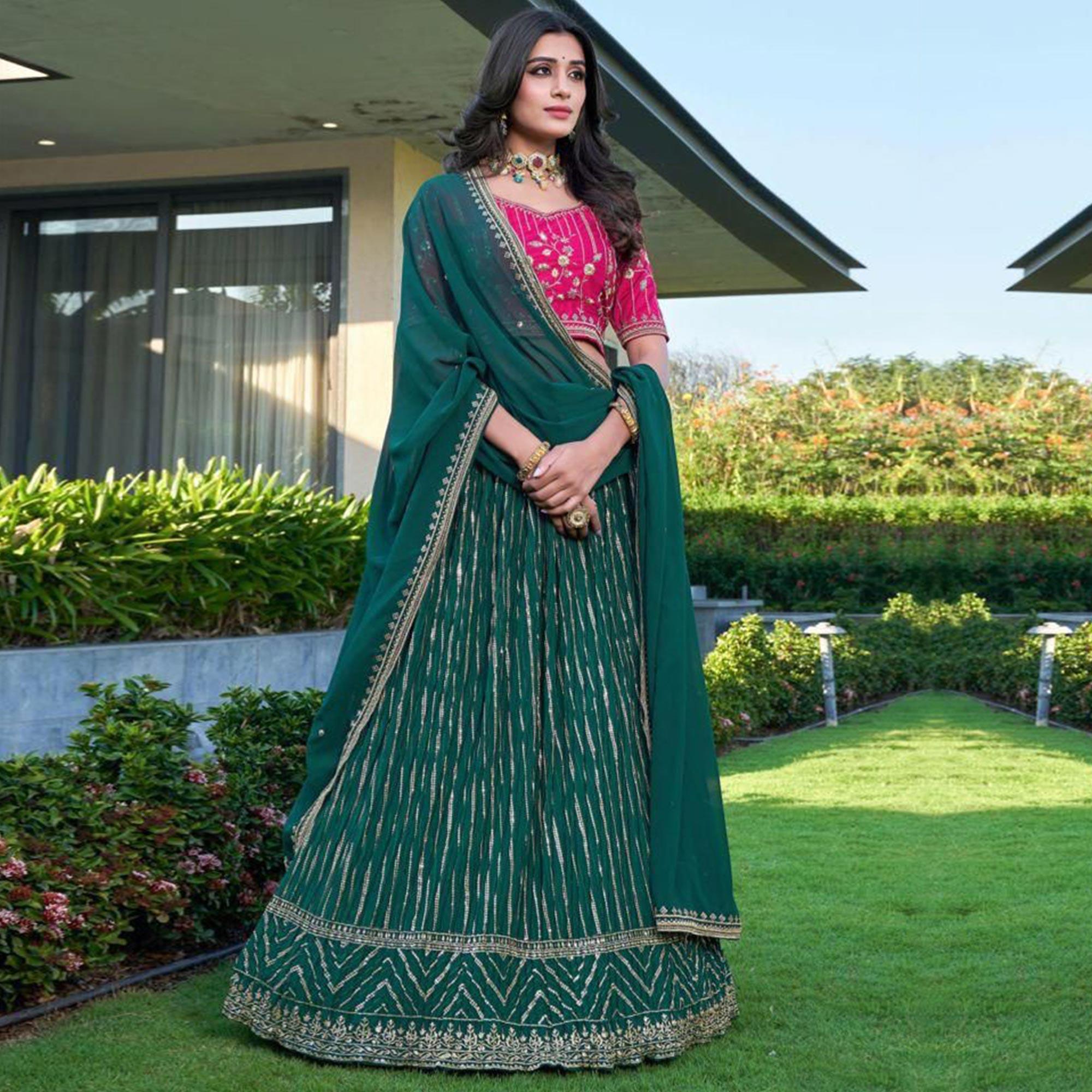 Green Partywear Embroidered Georgette Lehenga Choli - Peachmode