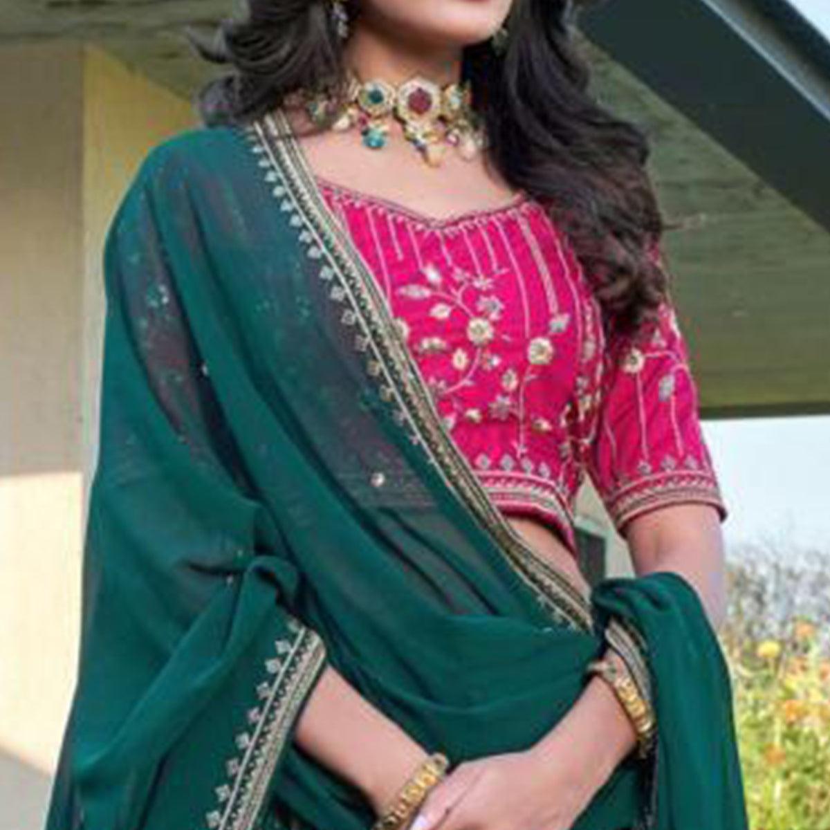 Green Partywear Embroidered Georgette Lehenga Choli - Peachmode
