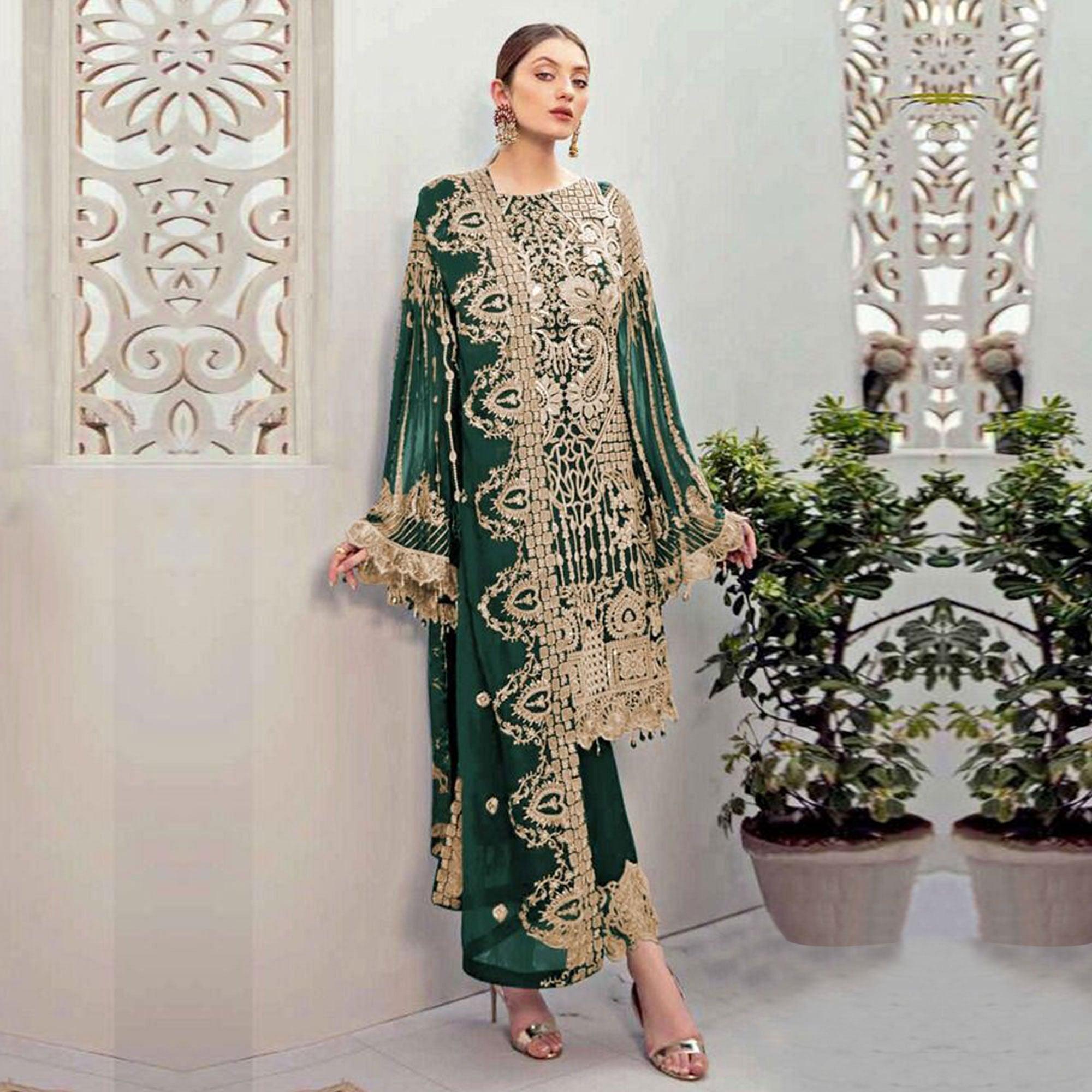 Green Partywear Embroidered Georgette Pakistani Suit - Peachmode