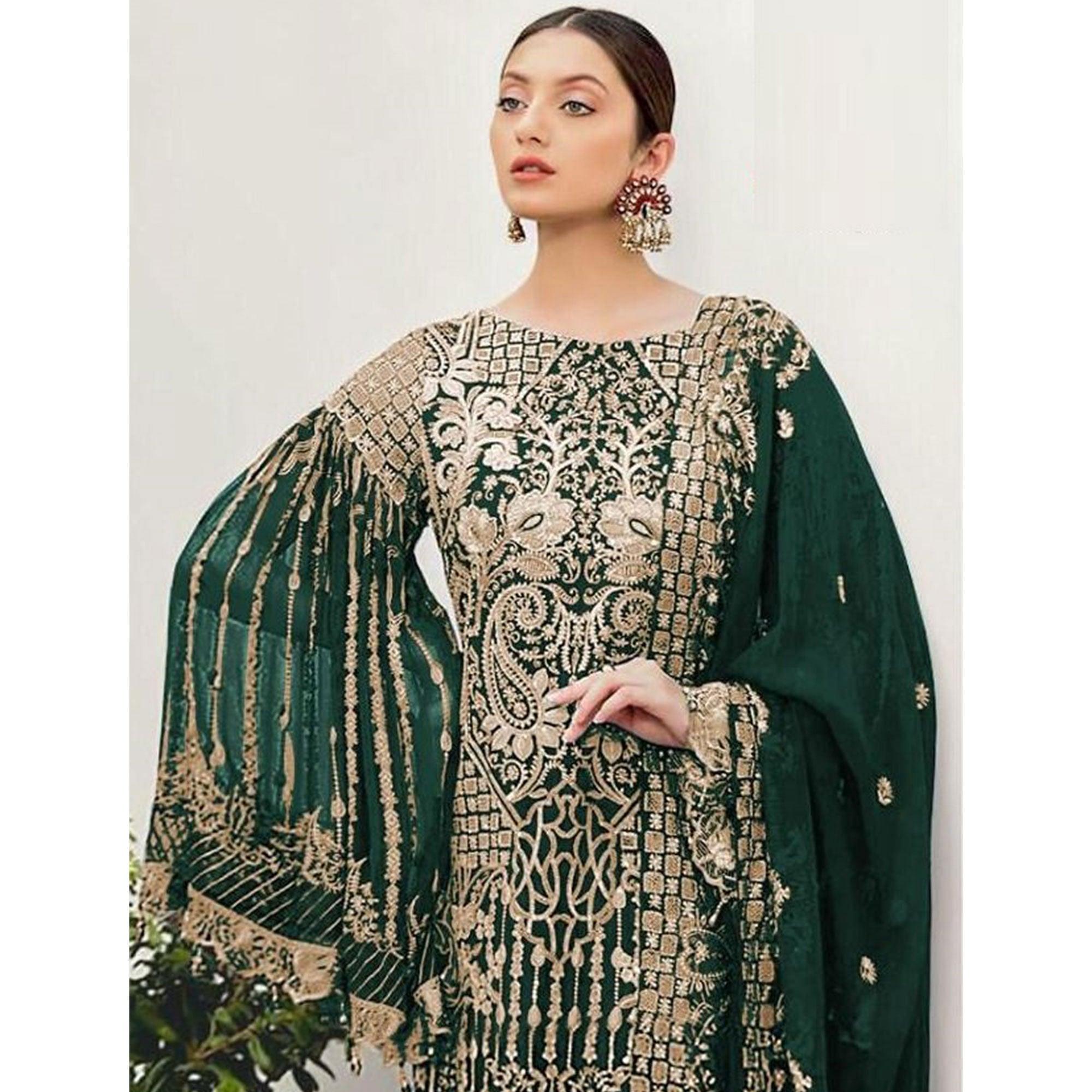 Green Partywear Embroidered Georgette Pakistani Suit - Peachmode