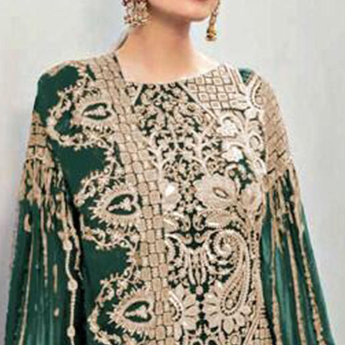 Green Partywear Embroidered Georgette Pakistani Suit - Peachmode