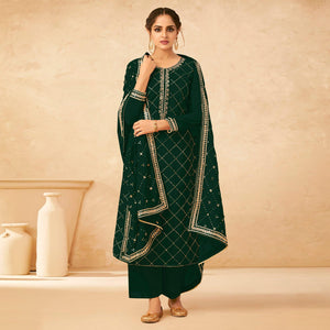 Green Partywear Embroidered Georgette Palazzo Suit - Peachmode
