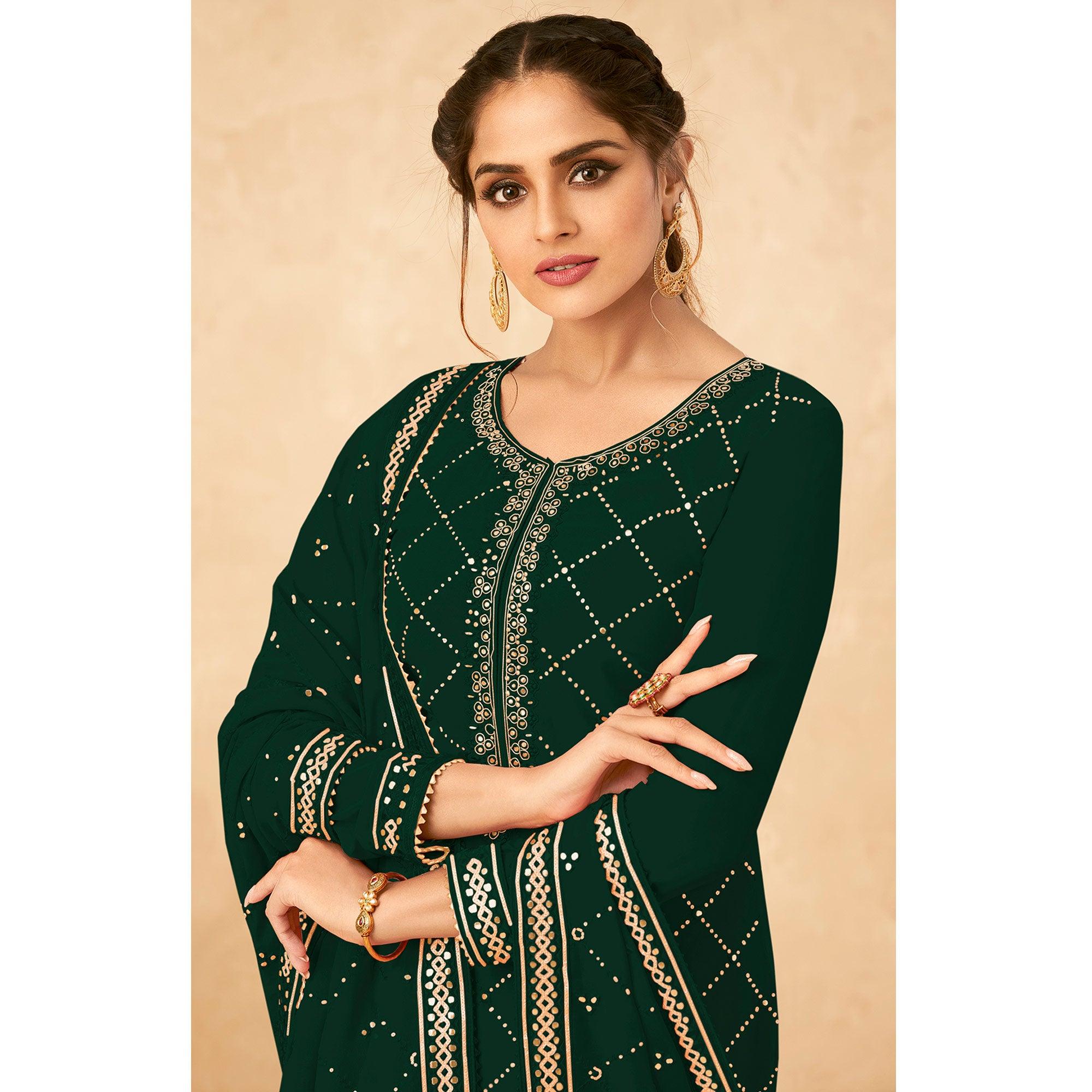 Green Partywear Embroidered Georgette Palazzo Suit - Peachmode