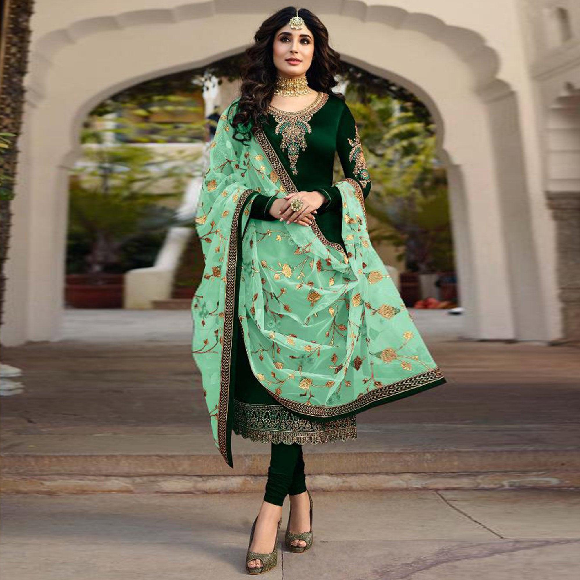 Green Partywear Embroidered Georgette Partywear Suit - Peachmode