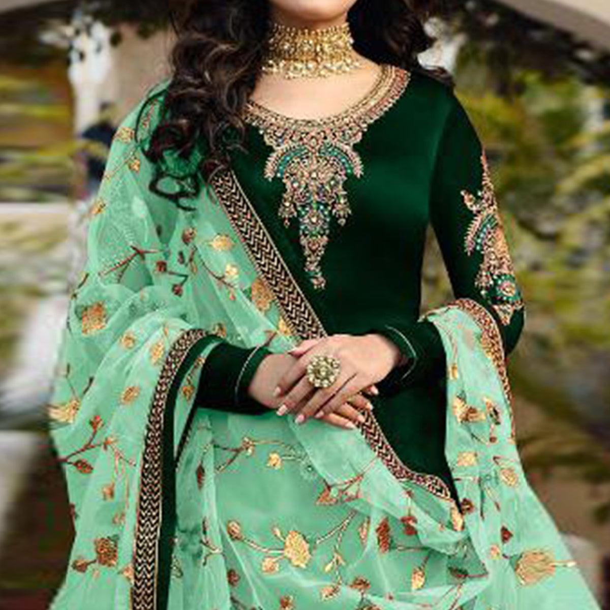 Green Partywear Embroidered Georgette Partywear Suit - Peachmode