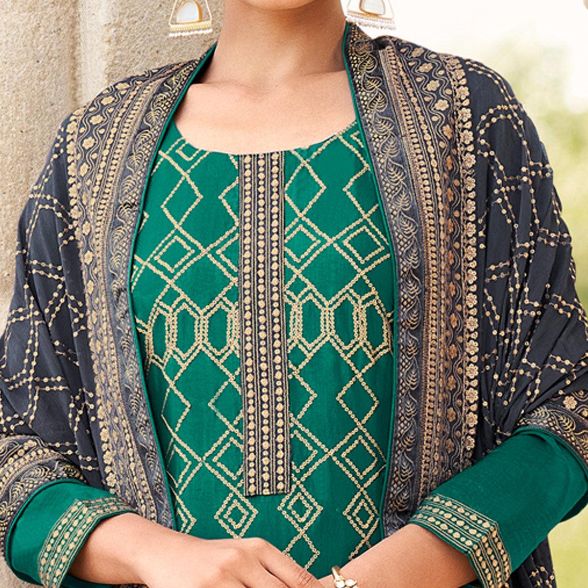 Green Partywear Embroidered Georgette Partywear Suit - Peachmode