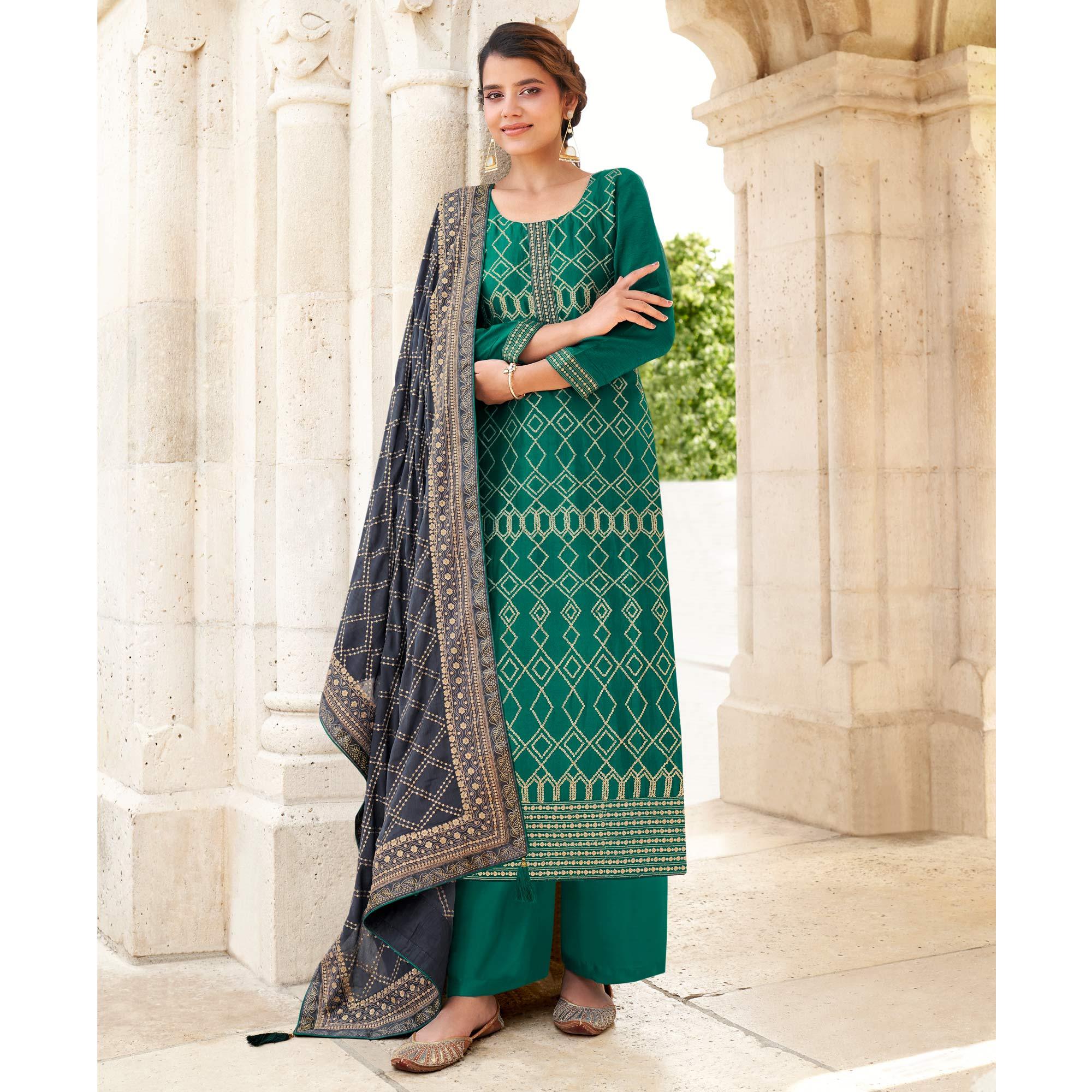Green Partywear Embroidered Georgette Partywear Suit - Peachmode