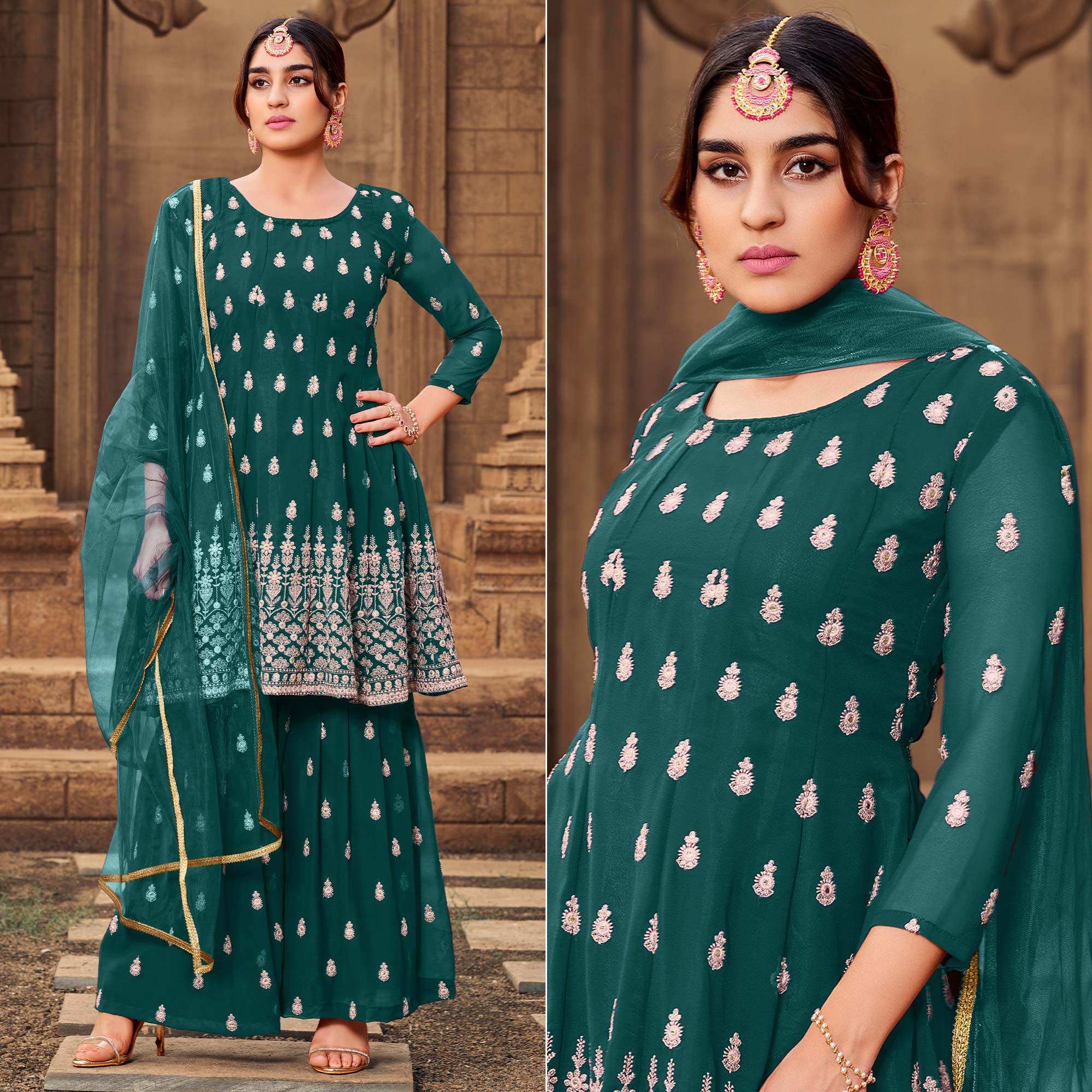 Green Partywear Embroidered Georgette Sharara Suit - Peachmode