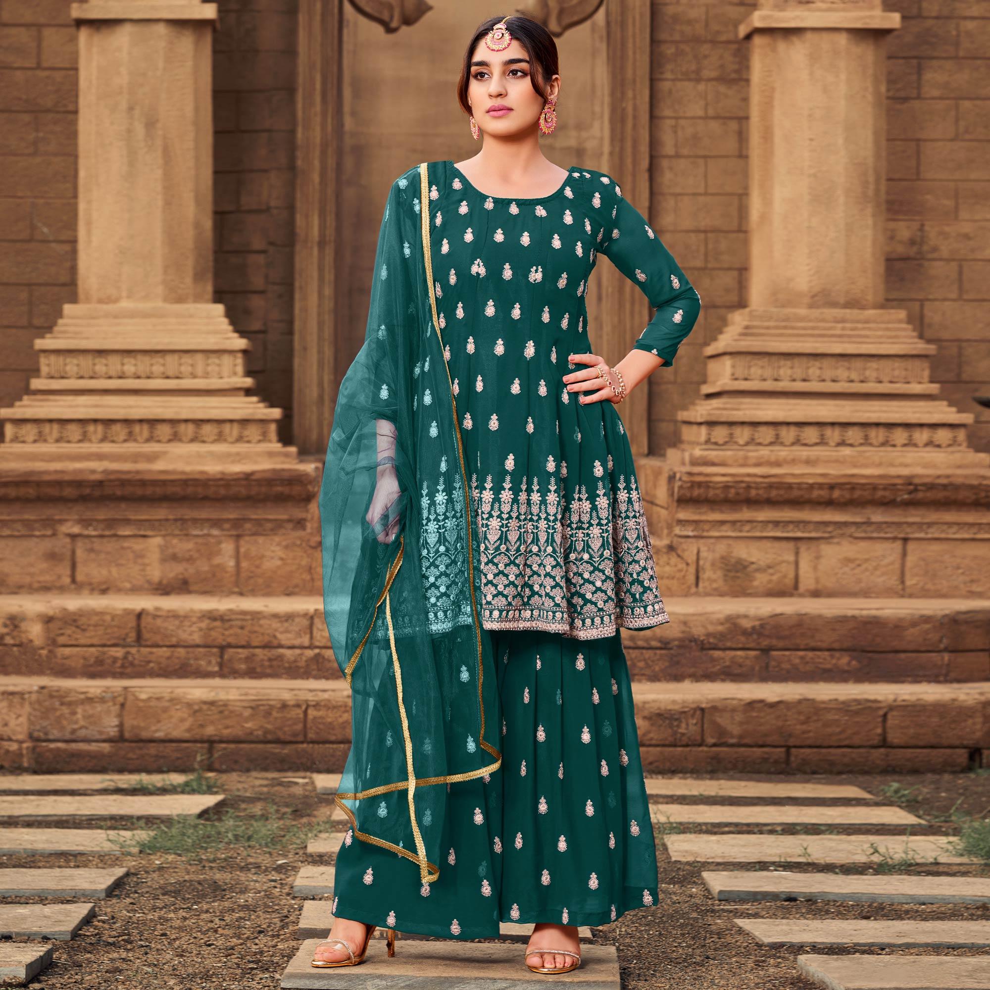 Green Partywear Embroidered Georgette Sharara Suit - Peachmode