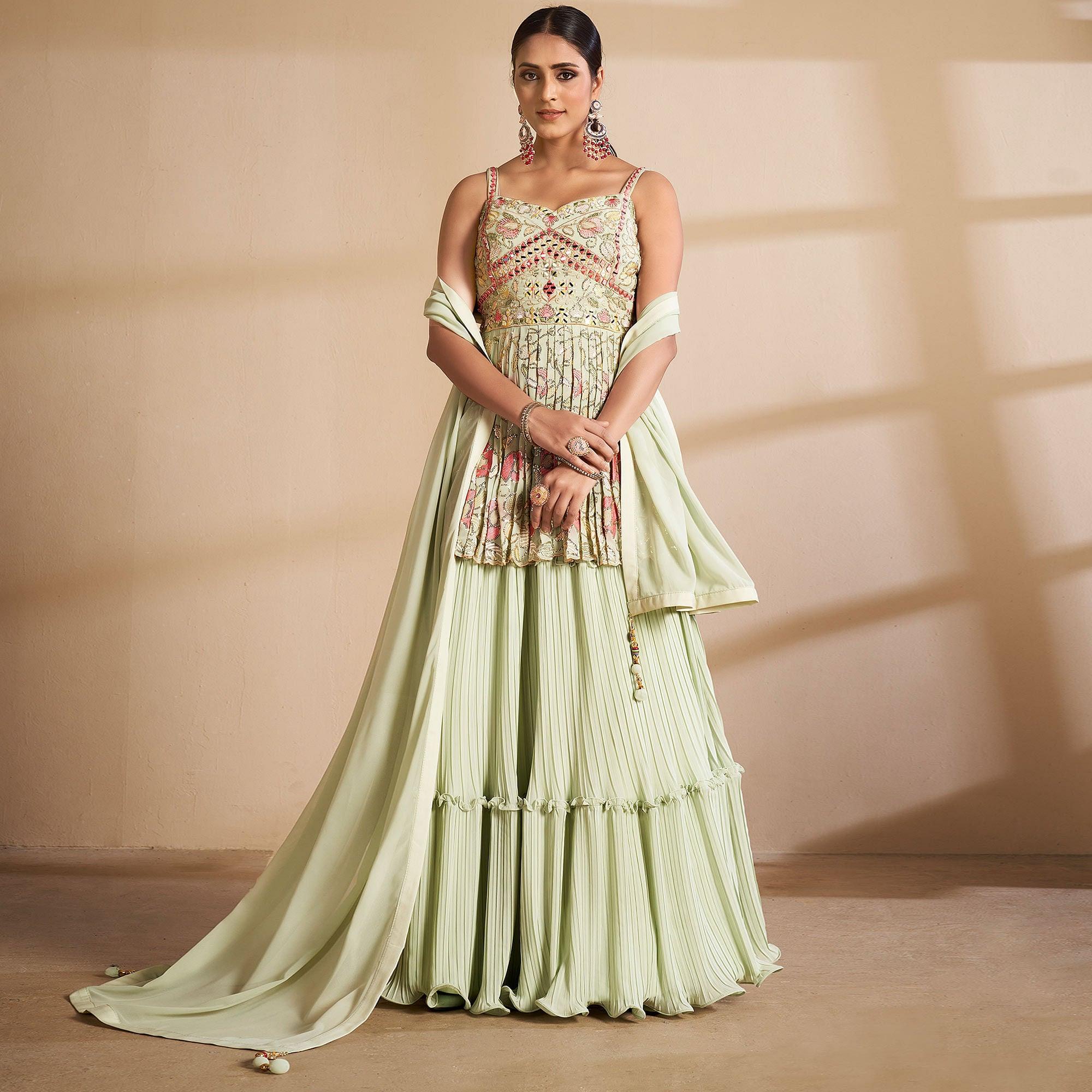 Green Partywear Embroidered Georgette Sharara Suit - Peachmode