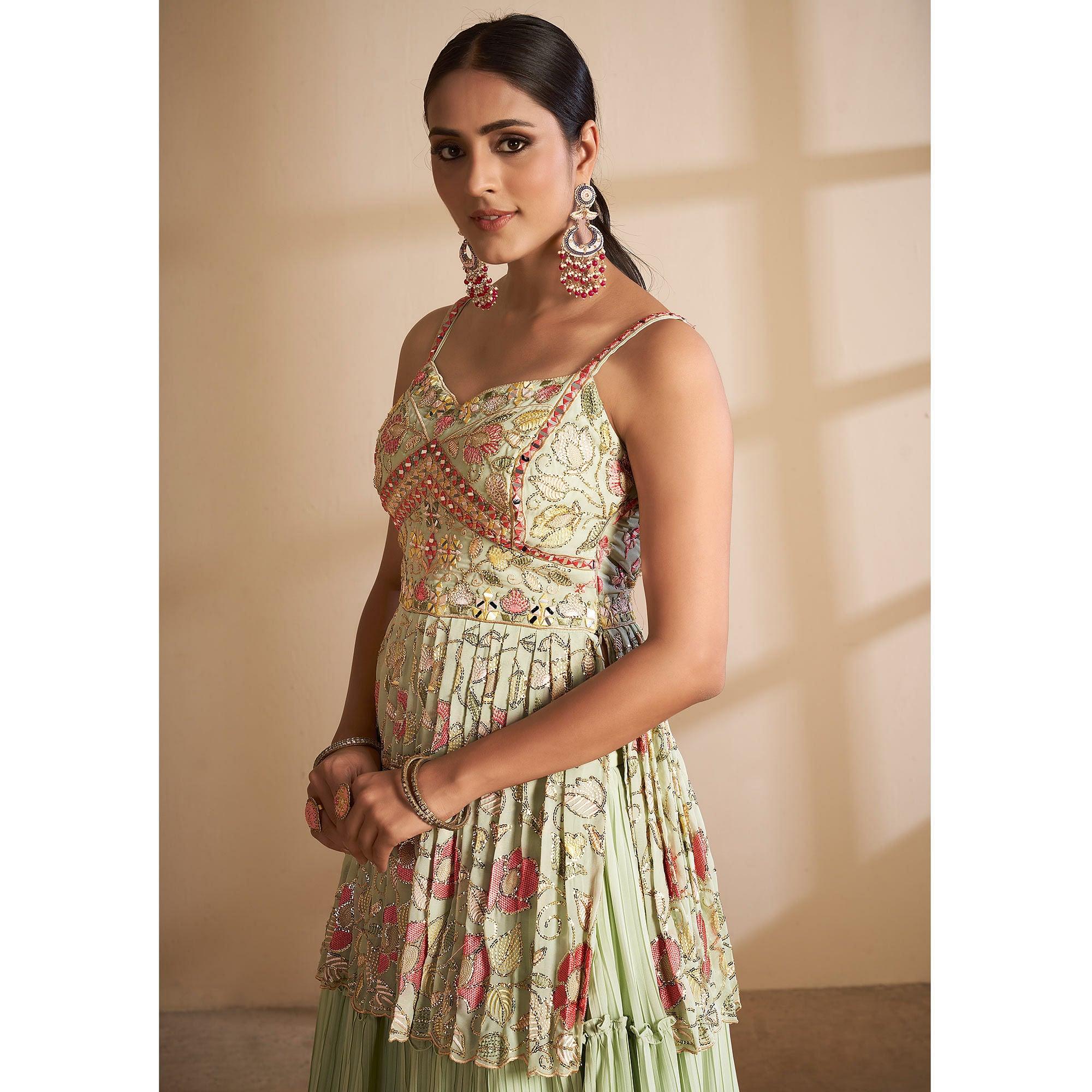 Green Partywear Embroidered Georgette Sharara Suit - Peachmode