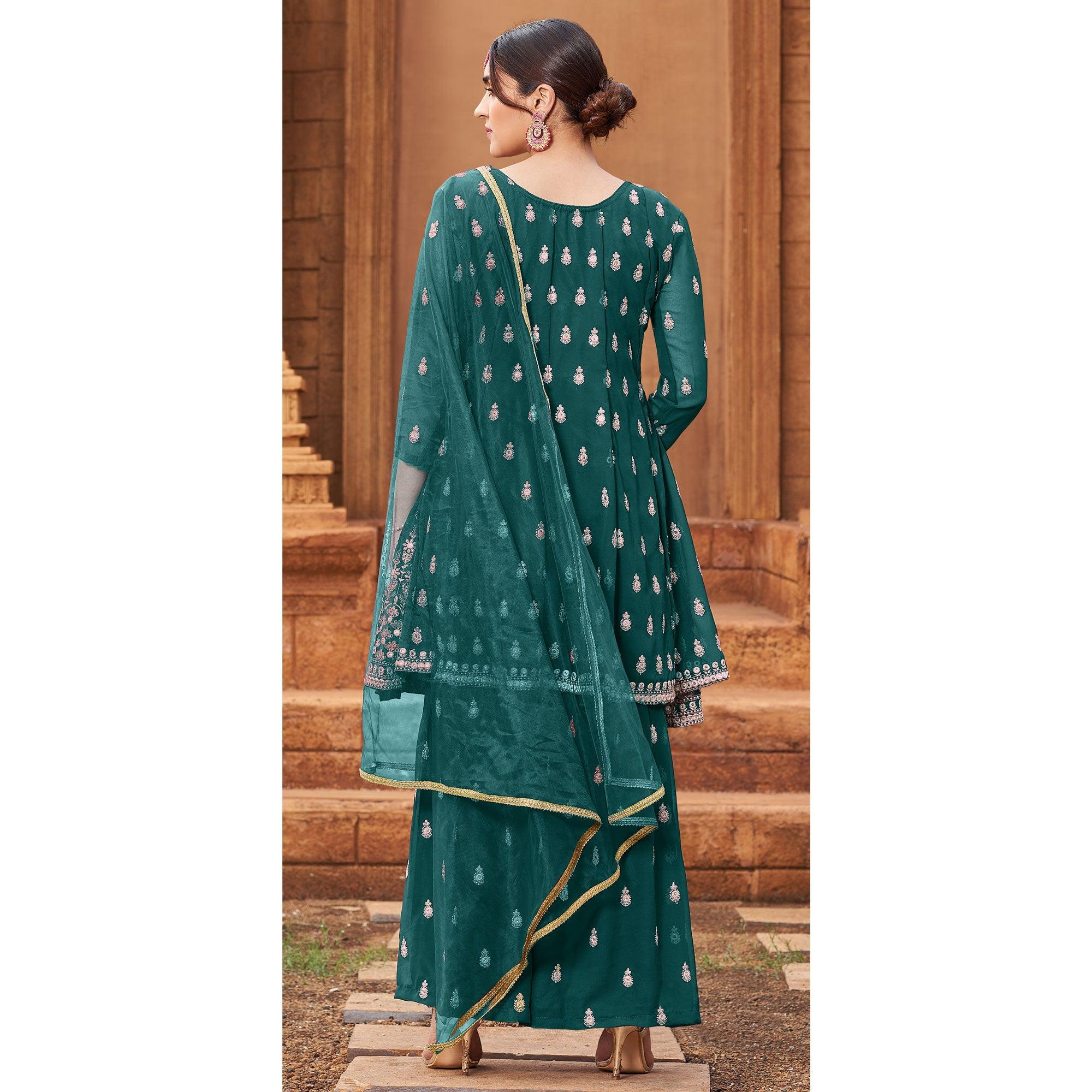 Green Partywear Embroidered Georgette Sharara Suit - Peachmode