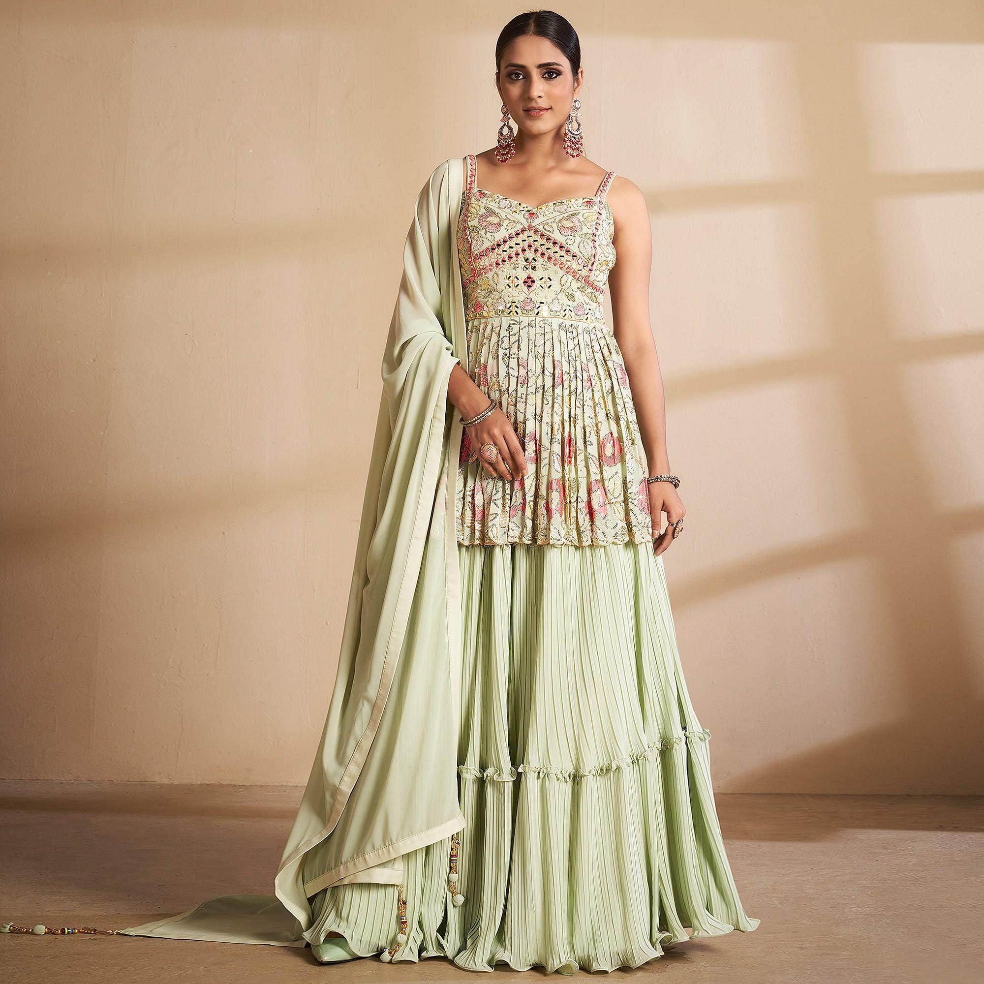 Green Partywear Embroidered Georgette Sharara Suit - Peachmode