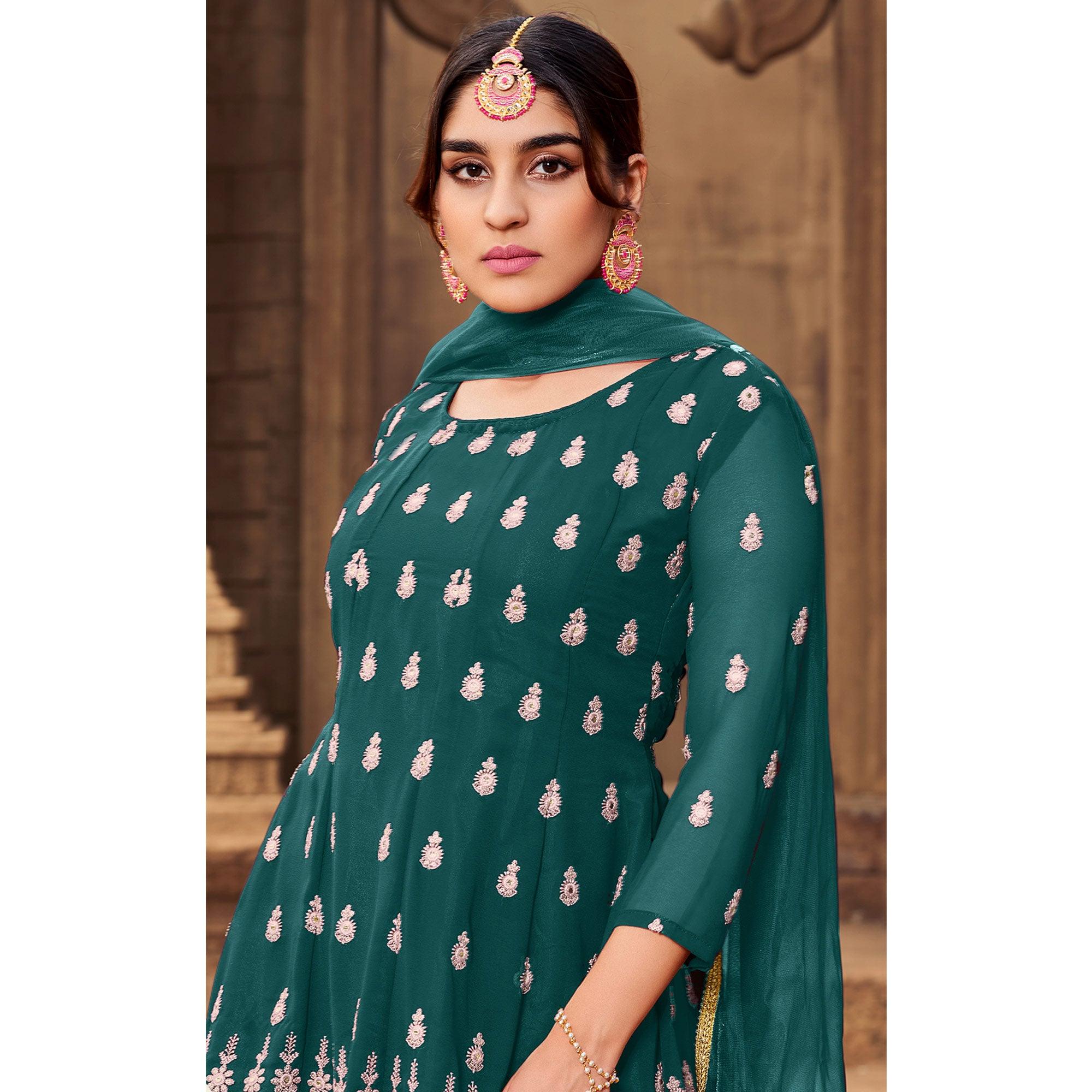 Green Partywear Embroidered Georgette Sharara Suit - Peachmode