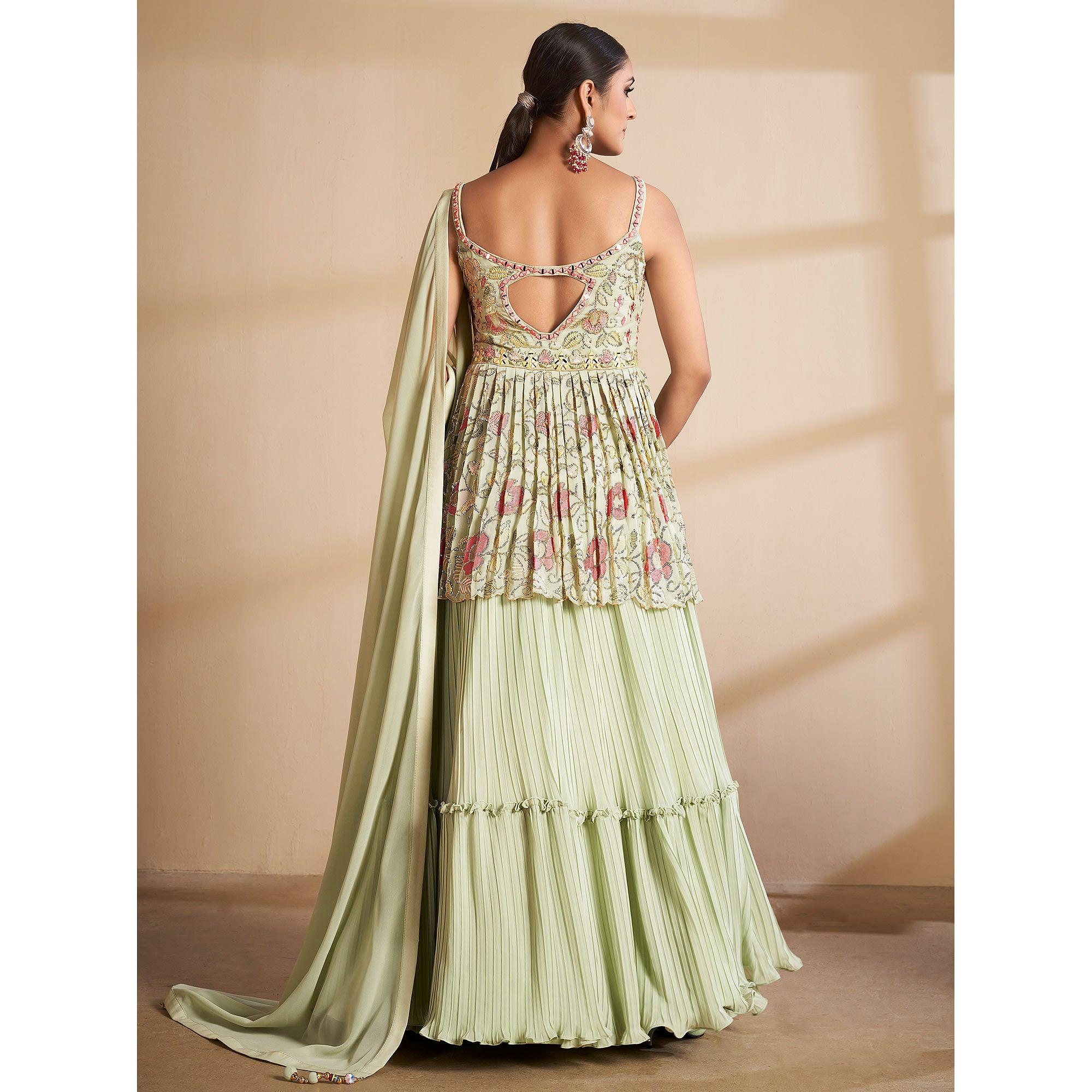 Green Partywear Embroidered Georgette Sharara Suit - Peachmode