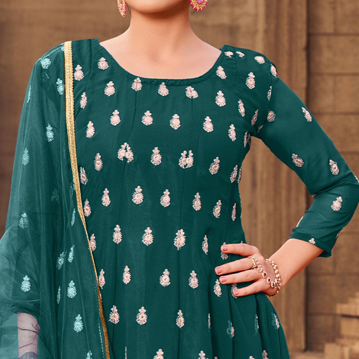 Green Partywear Embroidered Georgette Sharara Suit - Peachmode