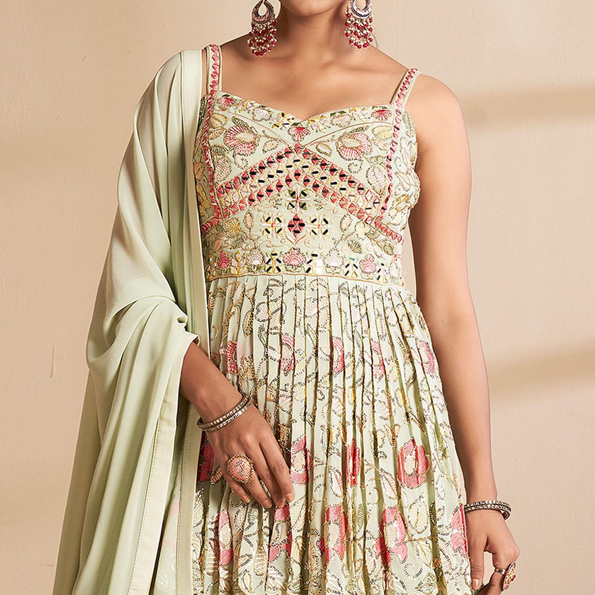 Green Partywear Embroidered Georgette Sharara Suit - Peachmode