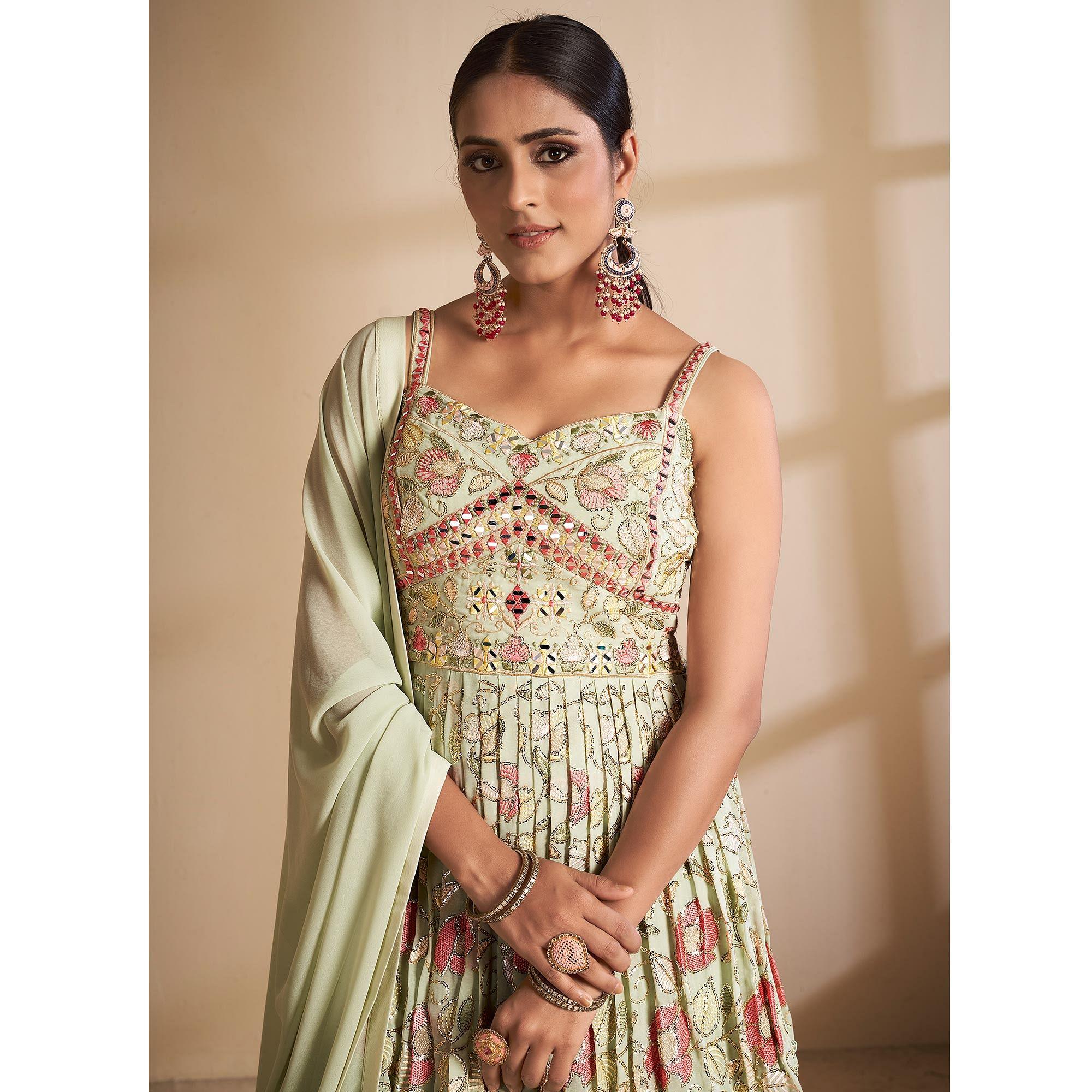 Green Partywear Embroidered Georgette Sharara Suit - Peachmode