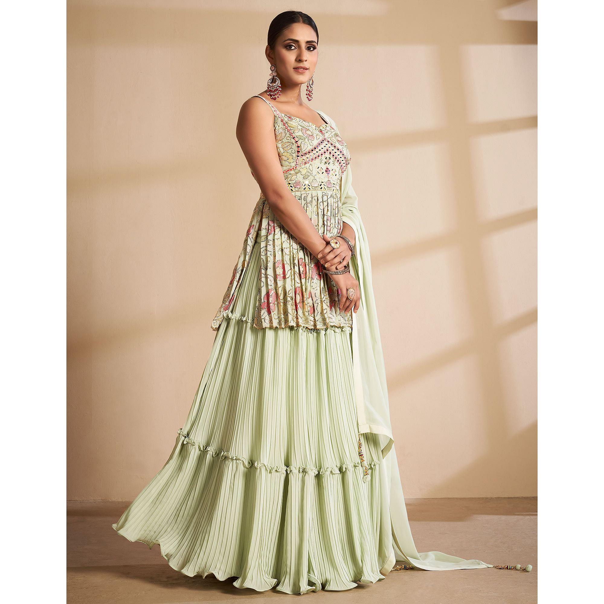 Green Partywear Embroidered Georgette Sharara Suit - Peachmode