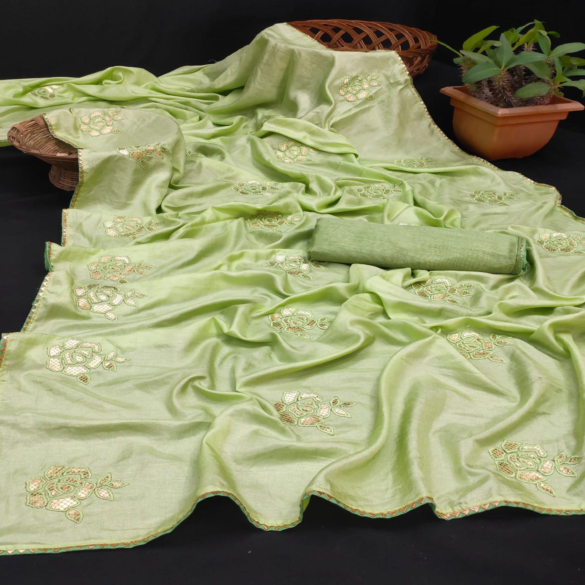 Green Partywear Embroidered Gotta Work Dola Silk Saree - Peachmode