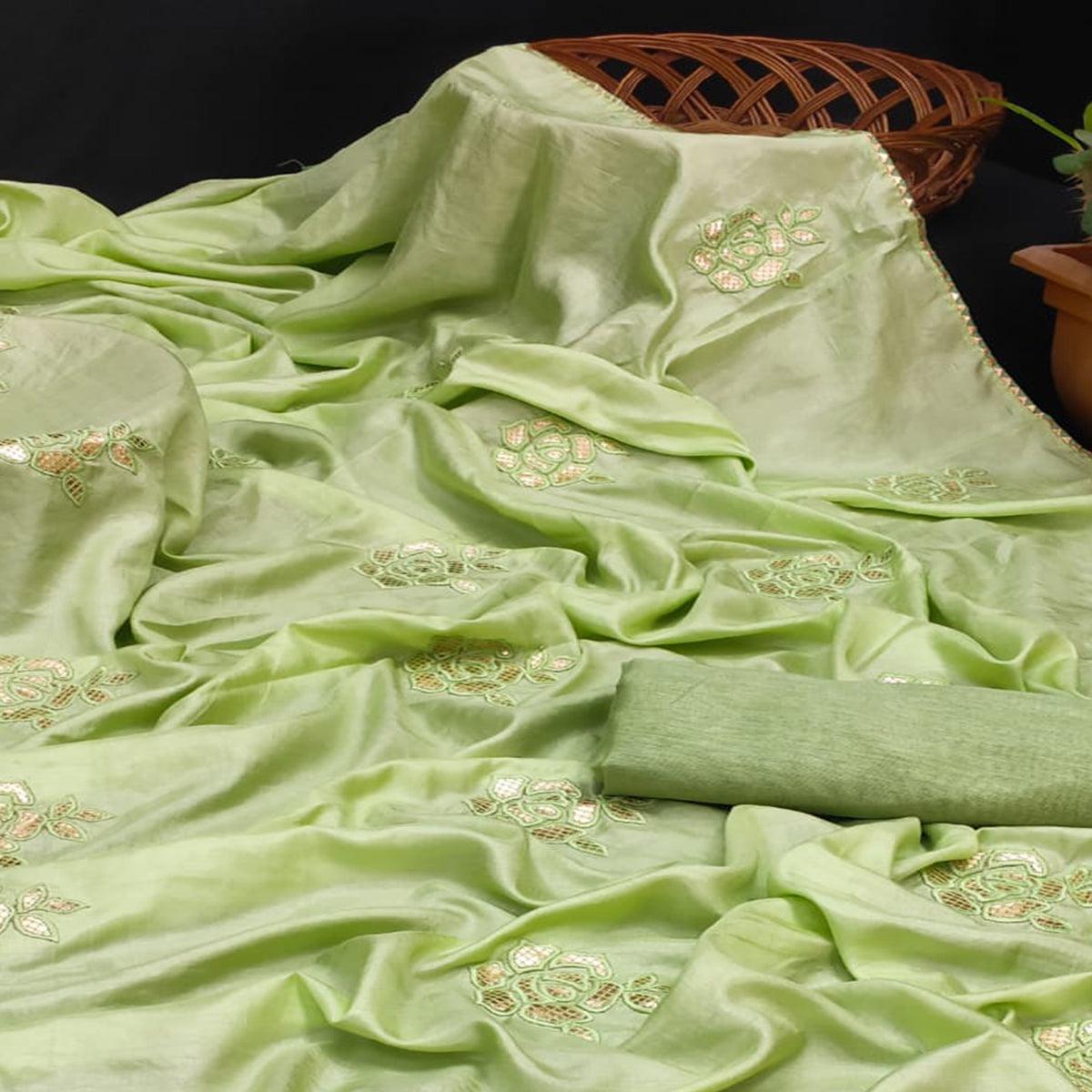 Green Partywear Embroidered Gotta Work Dola Silk Saree - Peachmode