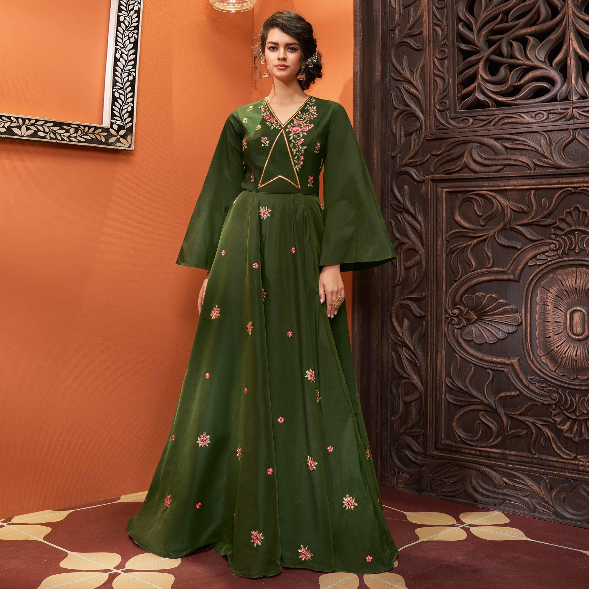 Green Partywear Embroidered Heavy Cotton Gown - Peachmode