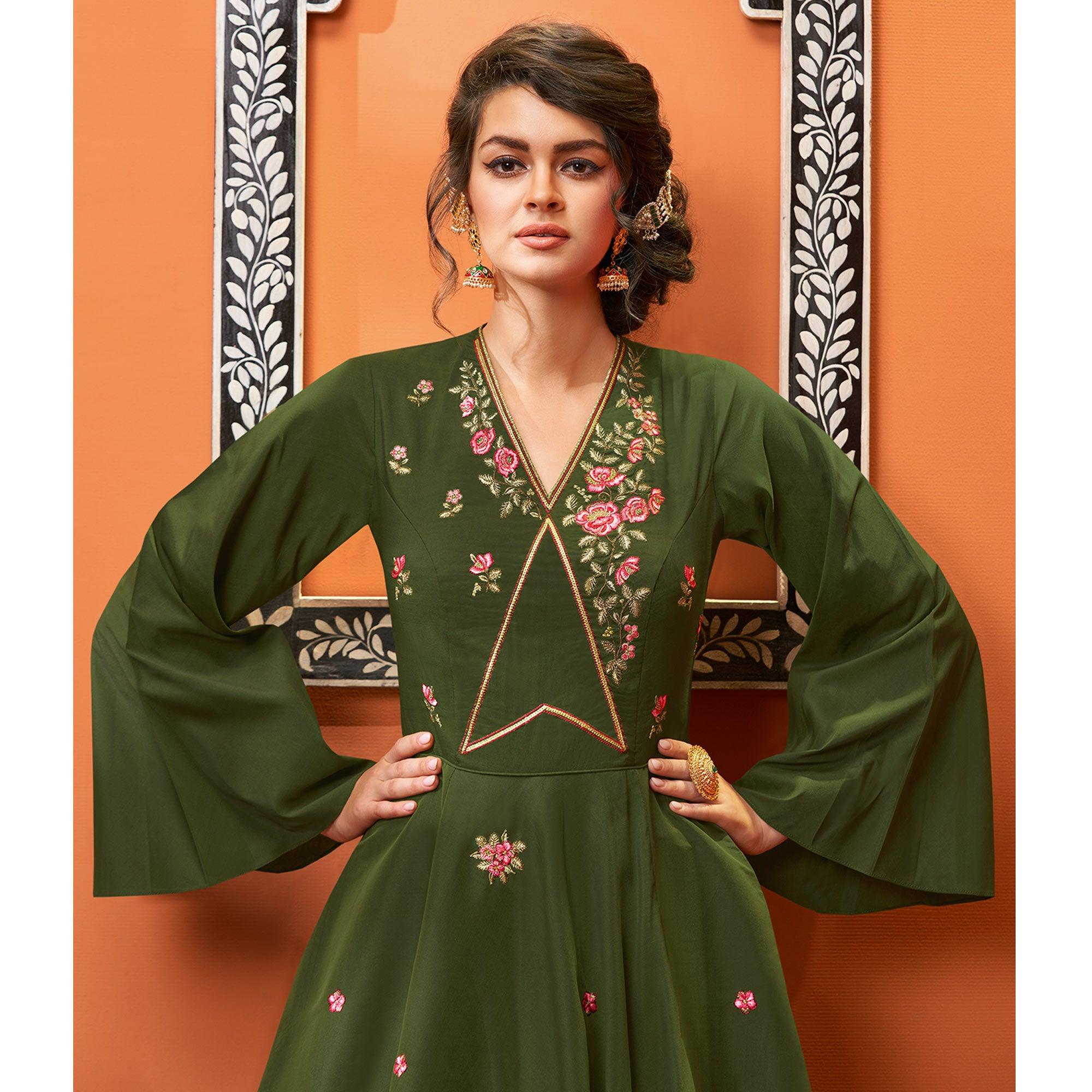 Green Partywear Embroidered Heavy Cotton Gown - Peachmode