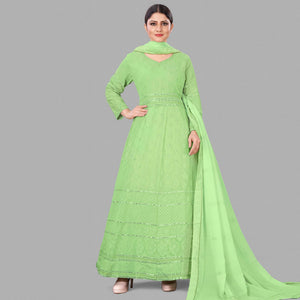 Green Partywear Embroidered Heavy Faux Georgette A Line Anarkali Suit - Peachmode