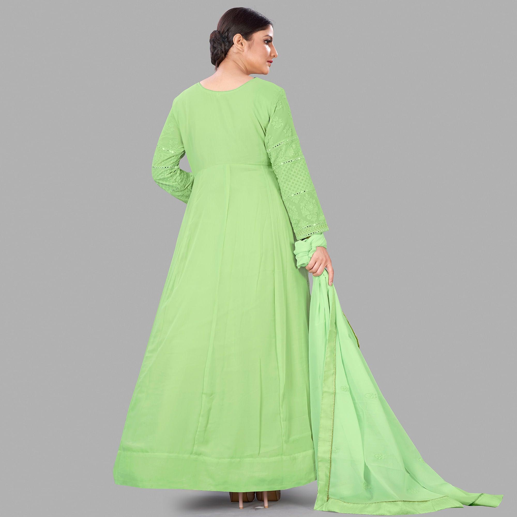 Green Partywear Embroidered Heavy Faux Georgette A Line Anarkali Suit - Peachmode
