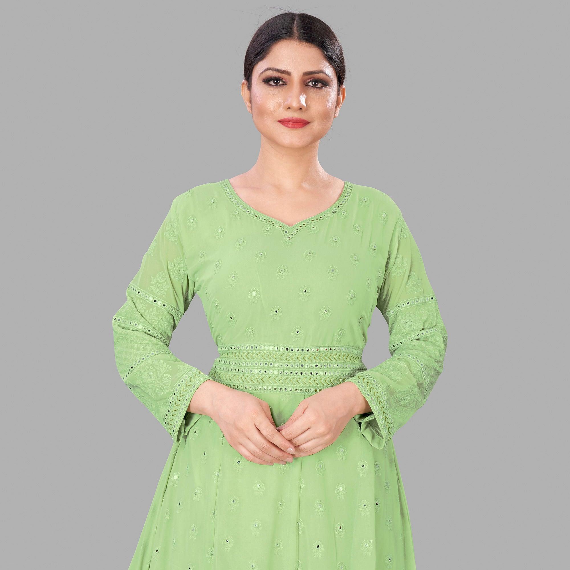 Green Partywear Embroidered Heavy Faux Georgette A Line Anarkali Suit - Peachmode