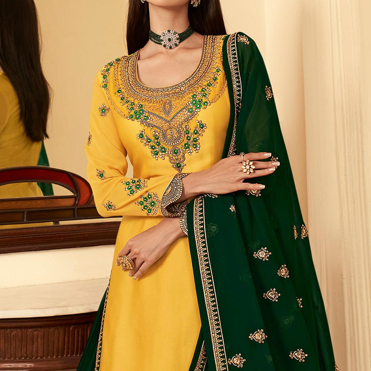 Green Partywear Embroidered Heavy Faux Georgette Lehenga Choli - Peachmode