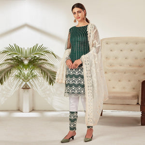 Green Partywear Embroidered Heavy Net Pakistani Suit - Peachmode