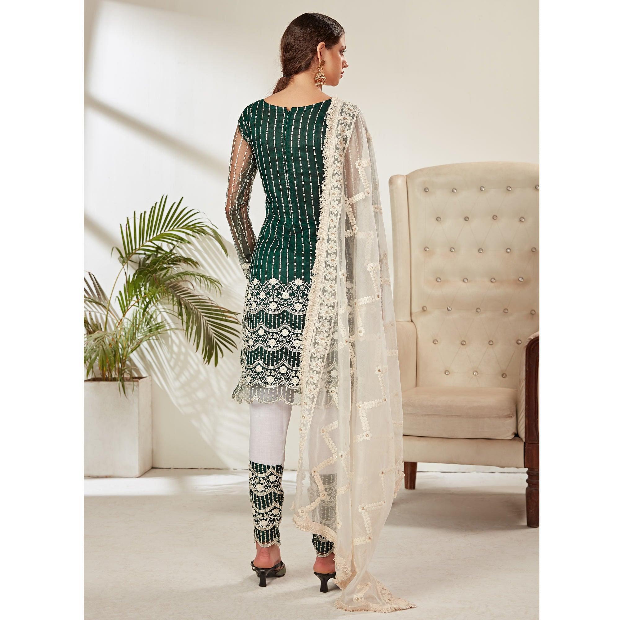 Green Partywear Embroidered Heavy Net Pakistani Suit - Peachmode
