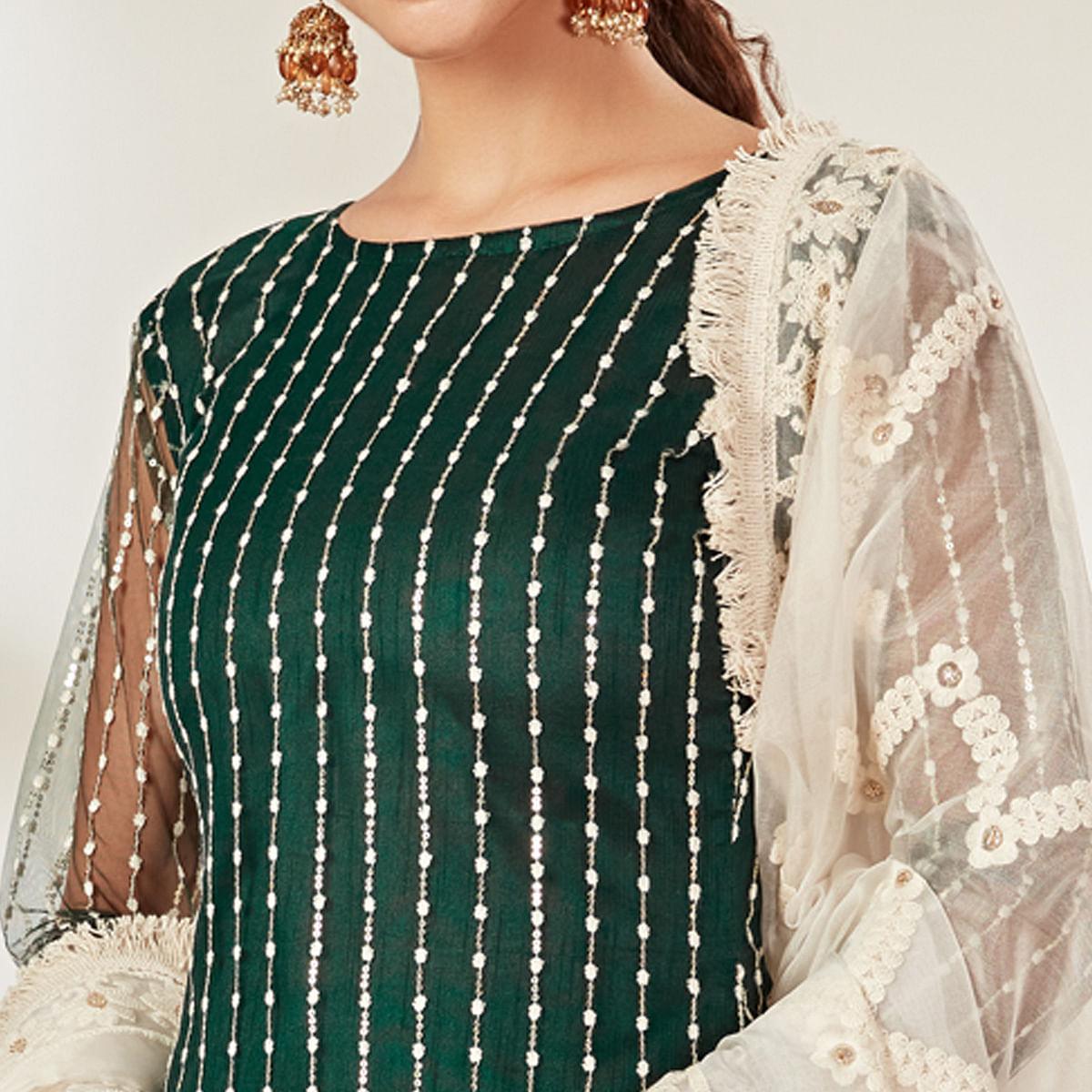 Green Partywear Embroidered Heavy Net Pakistani Suit - Peachmode