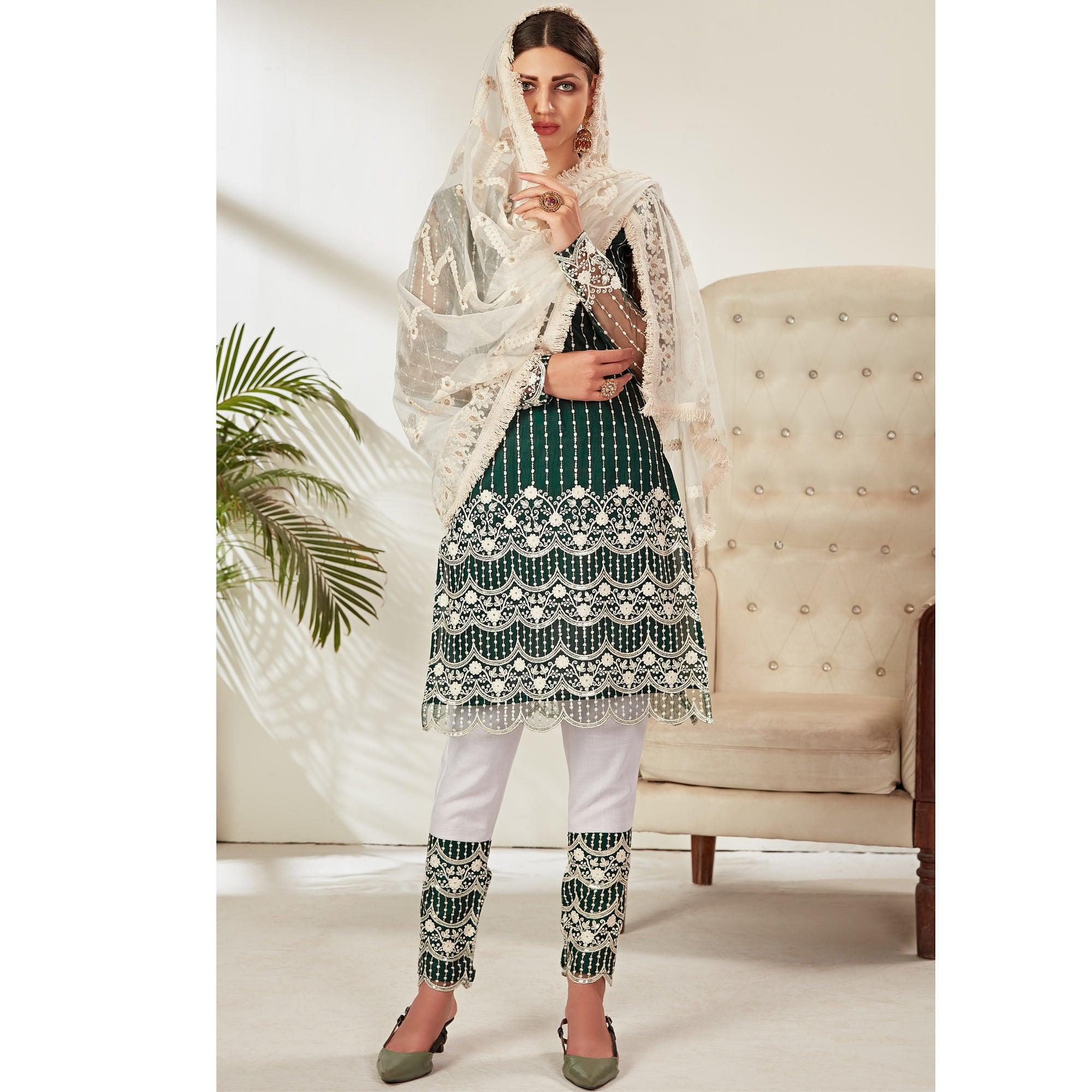 Green Partywear Embroidered Heavy Net Pakistani Suit - Peachmode
