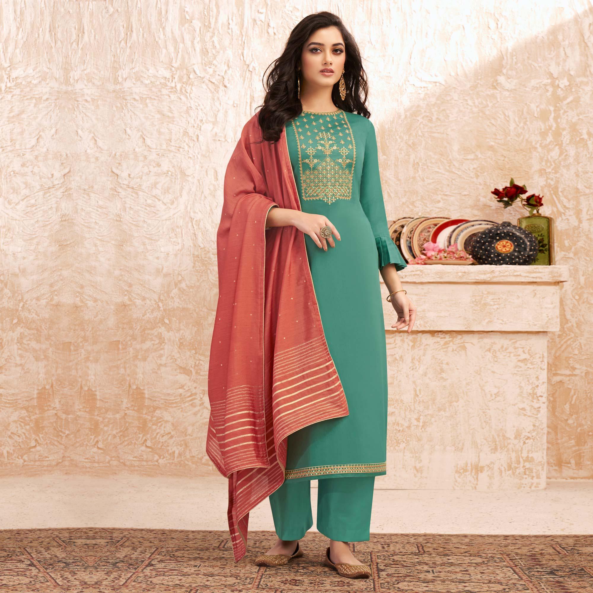 Green Partywear Embroidered Jaam Silk Suit - Peachmode