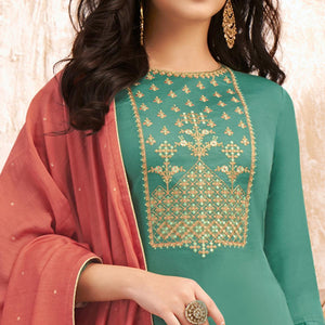 Green Partywear Embroidered Jaam Silk Suit - Peachmode